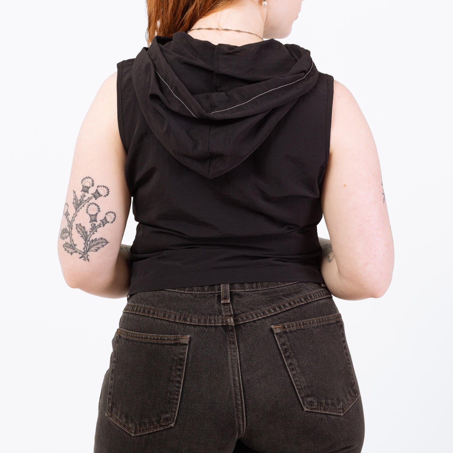 Vintage 90s Black Zip Up Hoodie Top - Medium | Sleeveless Cropped Hooded Shirt