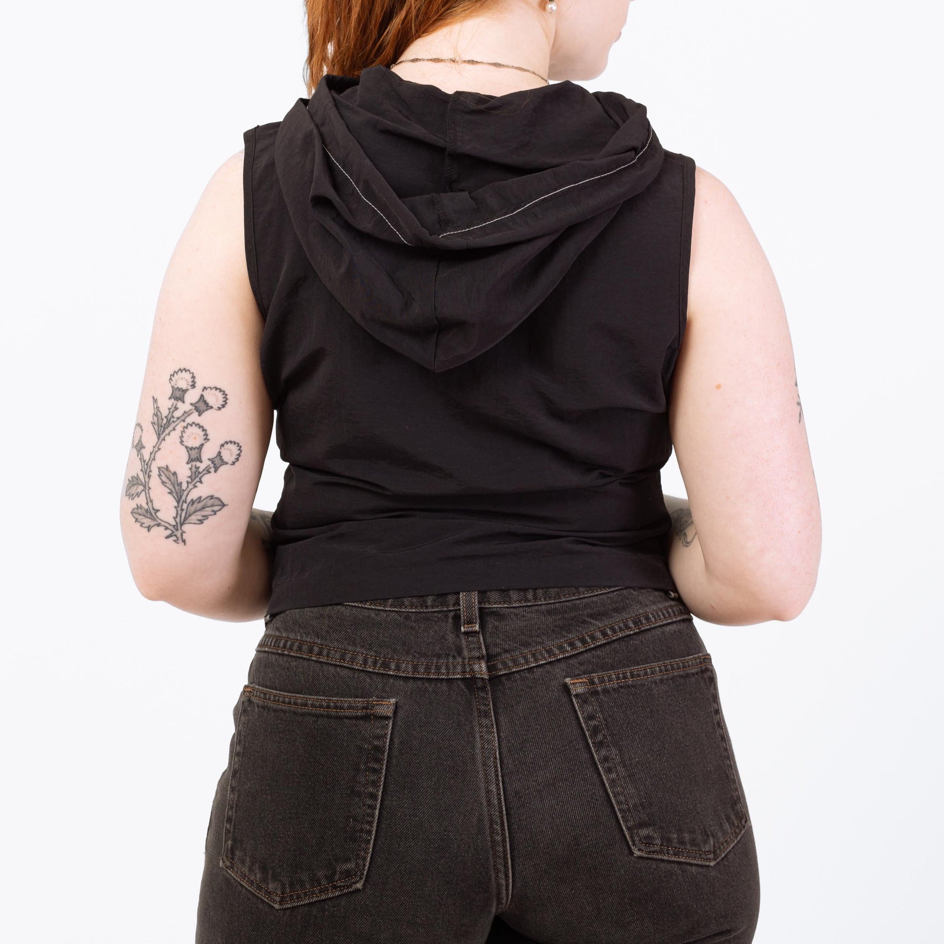 Vintage 90s Black Zip Up Hoodie Top - Medium | Sleeveless Cropped Hooded Shirt