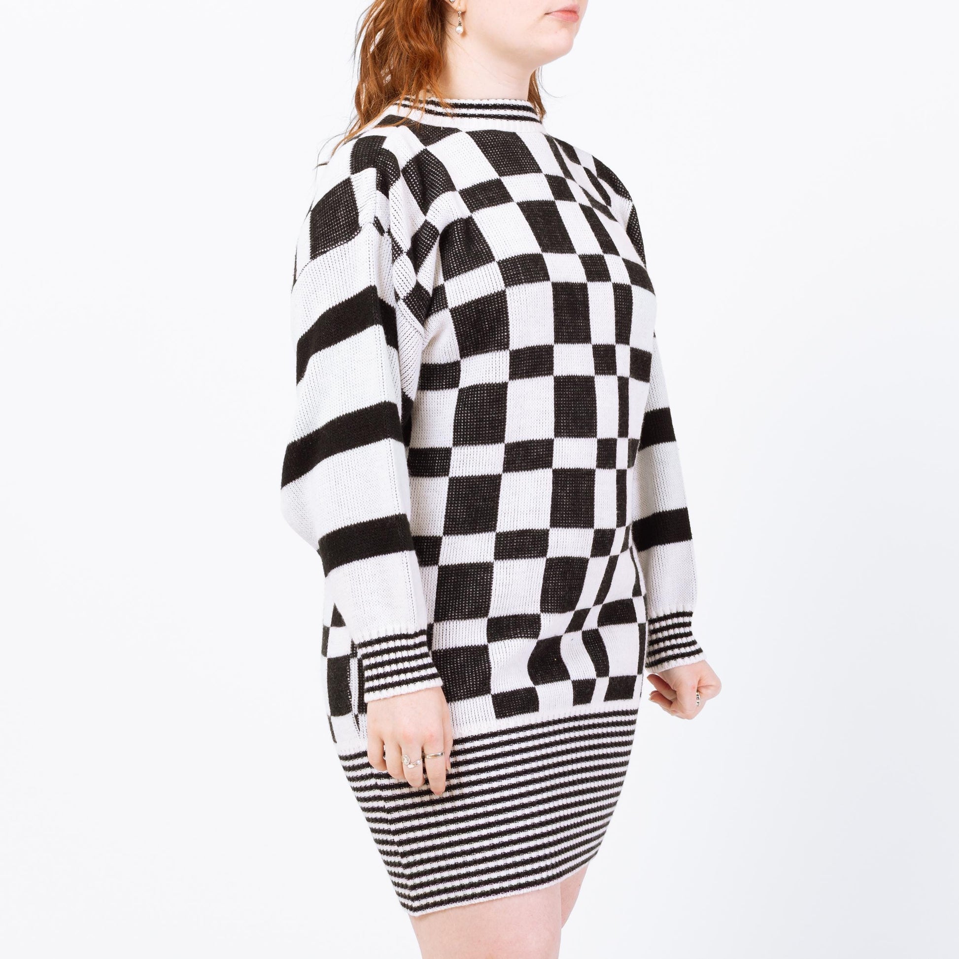 Vintage 80s Black & White Geometric Knit Sweater Dress - Large | Checkered Striped Oversize Pullover