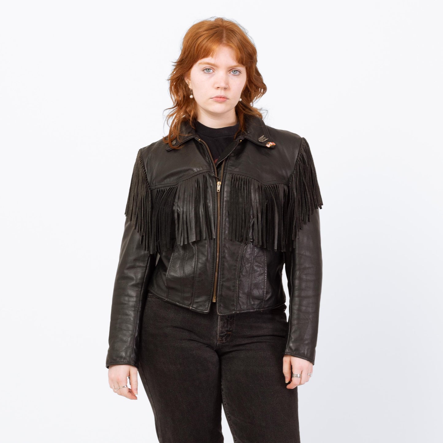 Vintage 80s Black Leather Fringe Harley Jacket - Large | Cropped Moto Biker Coat