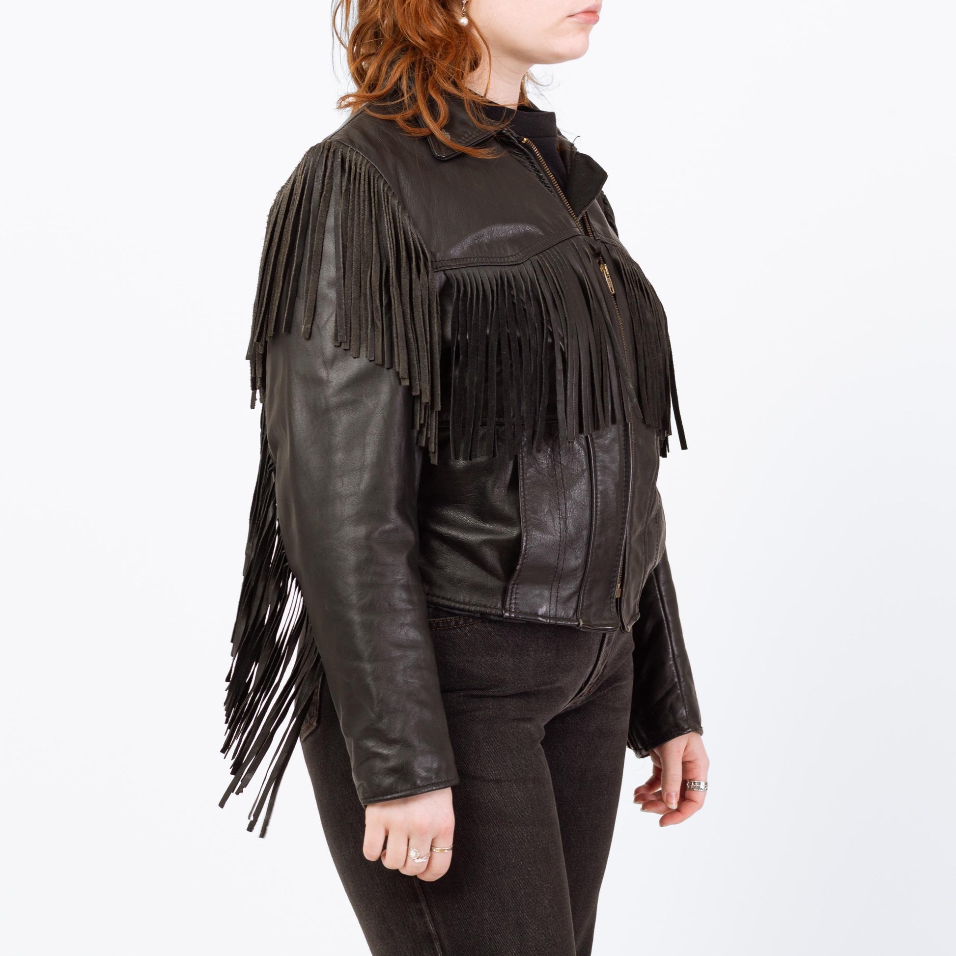 Vintage 80s Black Leather Fringe Harley Jacket - Large | Cropped Moto Biker Coat