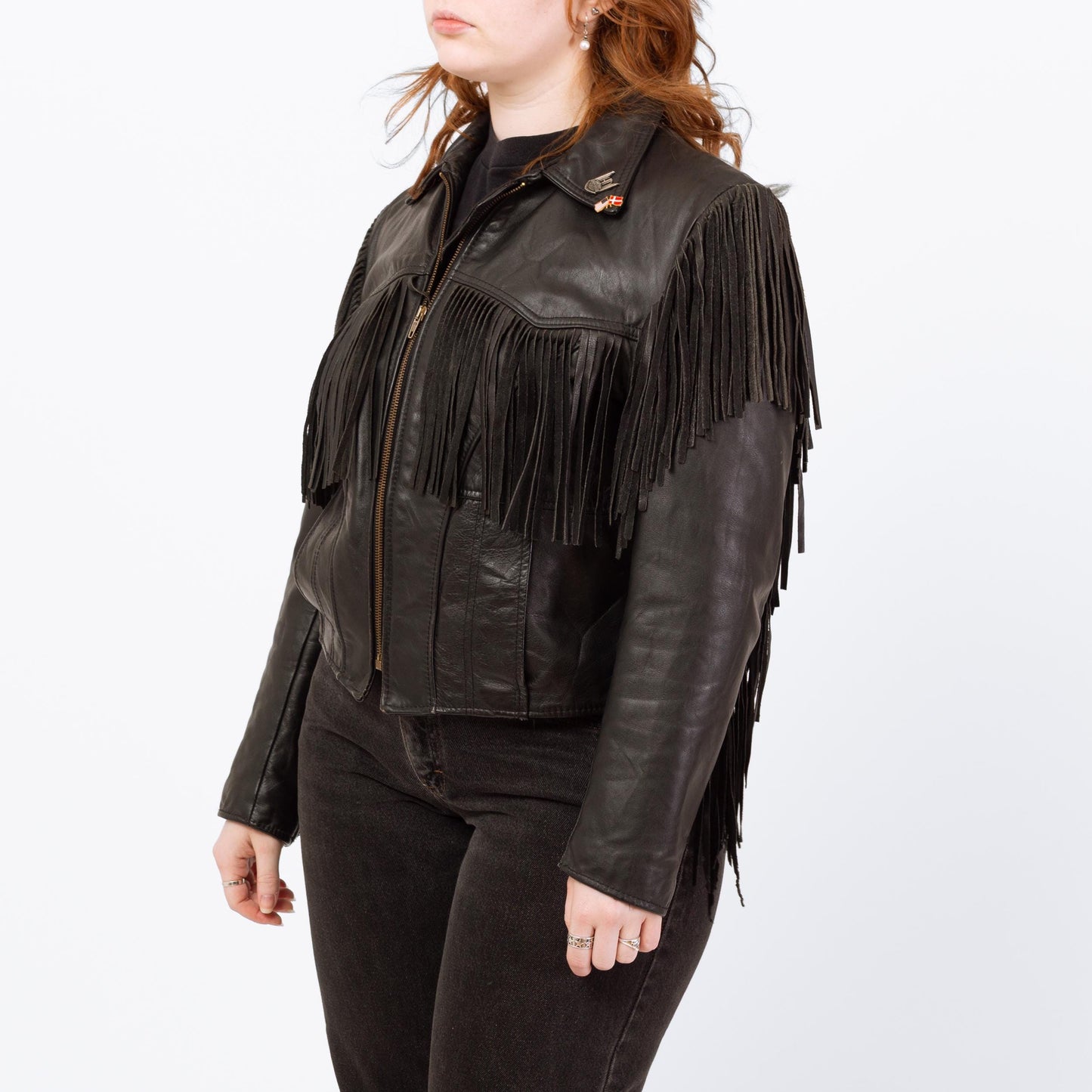 Vintage 80s Black Leather Fringe Harley Jacket - Large | Cropped Moto Biker Coat