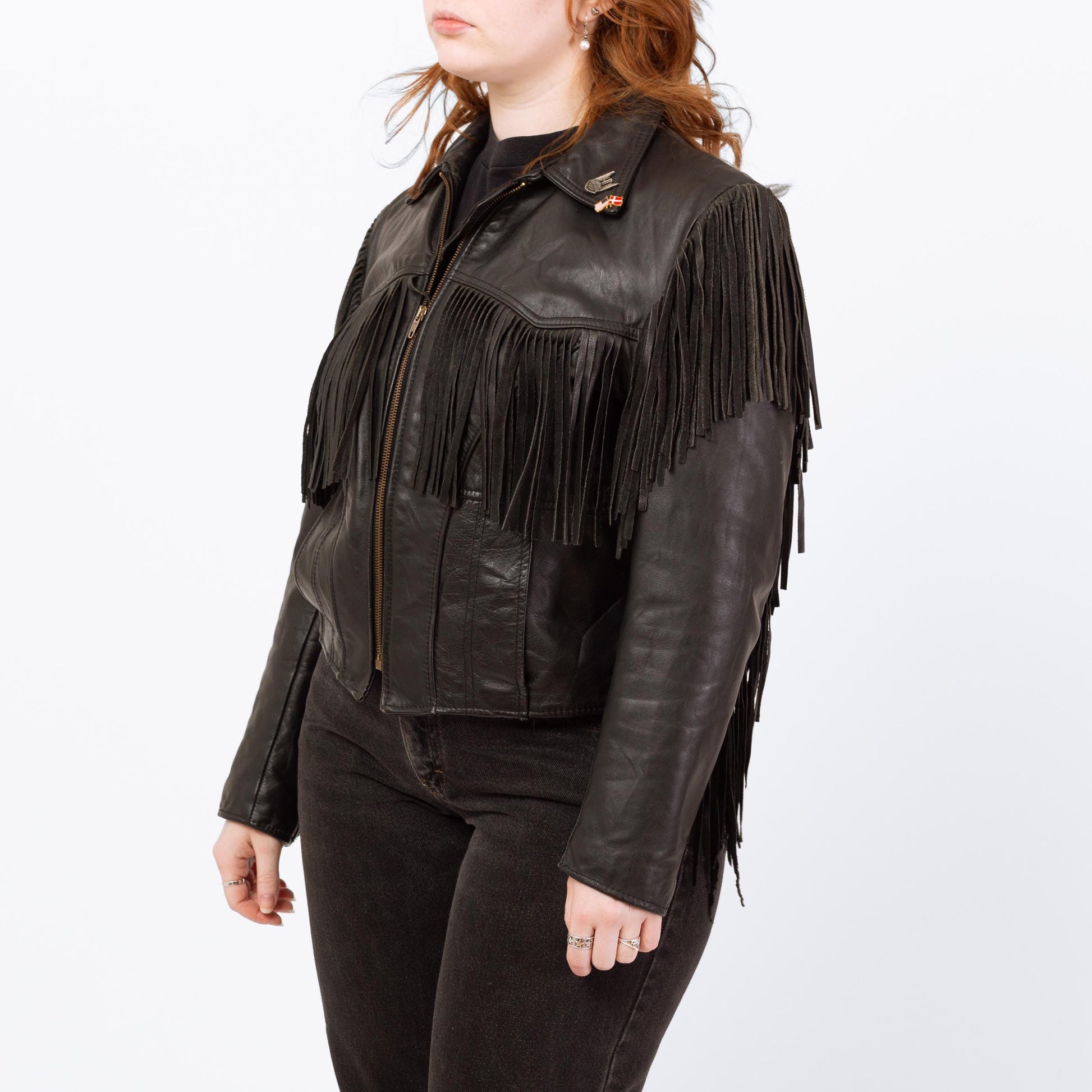Vintage 80s Black Leather Fringe Harley Jacket - Large | Cropped Moto Biker Coat