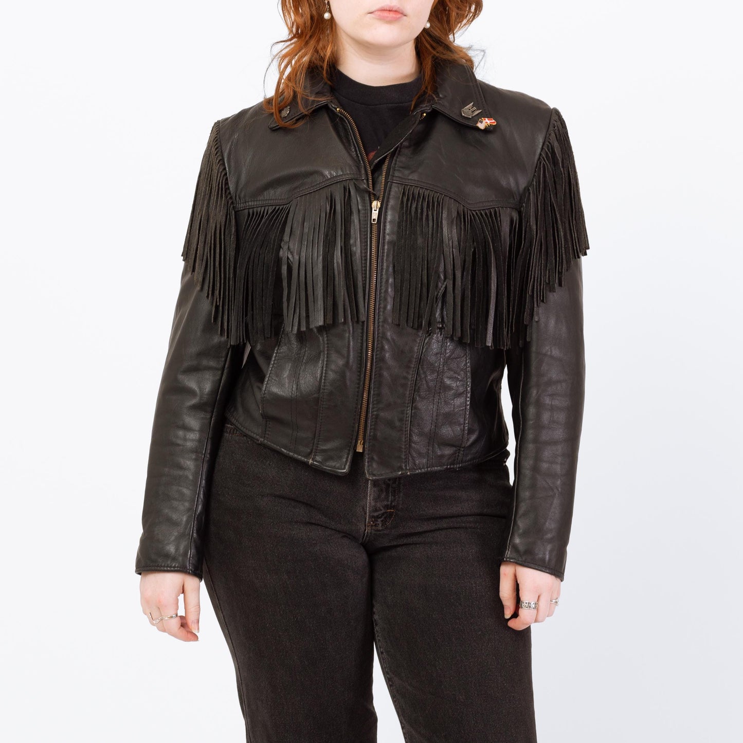 Vintage 80s Black Leather Fringe Harley Jacket - Large | Cropped Moto Biker Coat