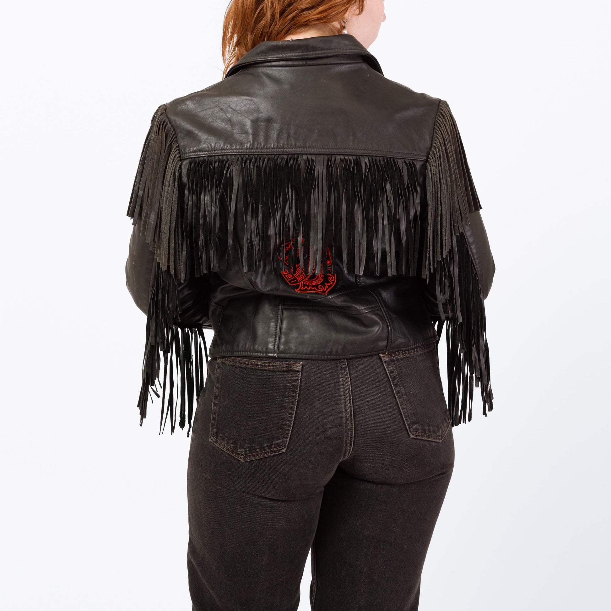 Vintage 80s Black Leather Fringe Harley Jacket - Large | Cropped Moto Biker Coat