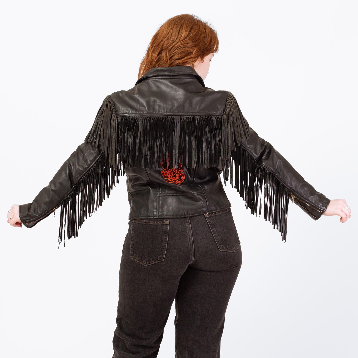 Vintage 80s Black Leather Fringe Harley Jacket - Large | Cropped Moto Biker Coat
