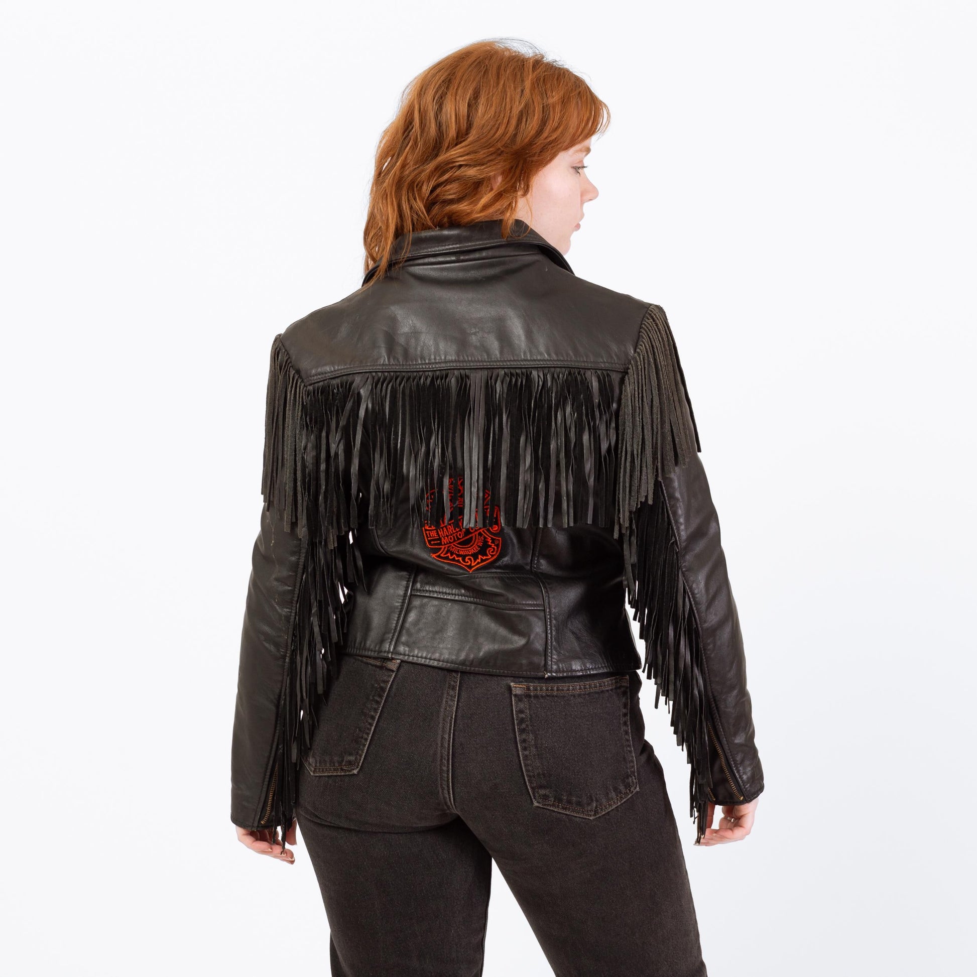 Vintage 80s Black Leather Fringe Harley Jacket - Large | Cropped Moto Biker Coat