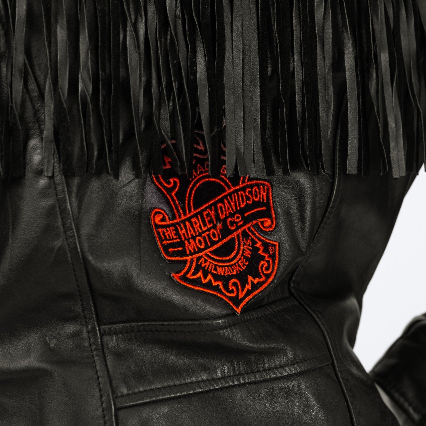 Vintage 80s Black Leather Fringe Harley Jacket - Large | Cropped Moto Biker Coat