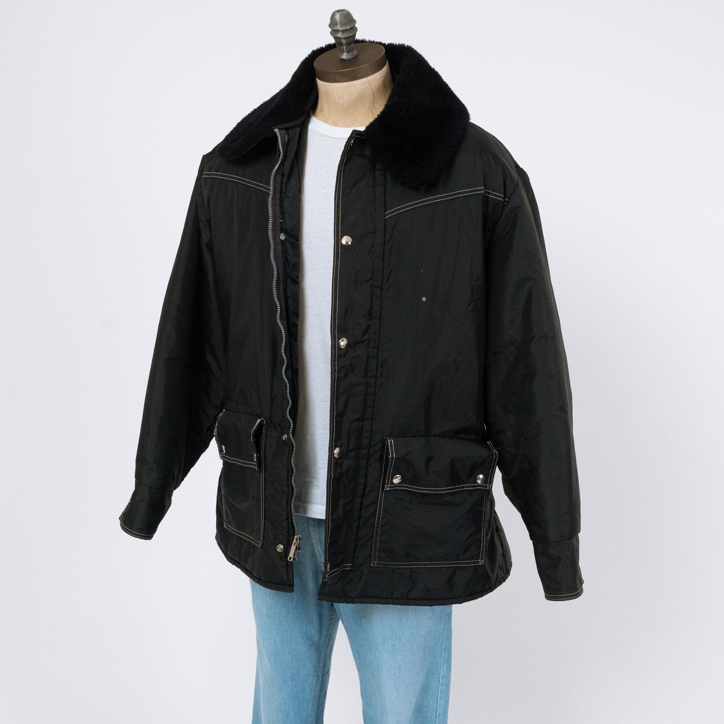 Vintage 70s Black Plush Collar Cold Weather Snow Jacket - Extra Large | Walls Blizzard-Pruf Zip Up Windbreaker Coat