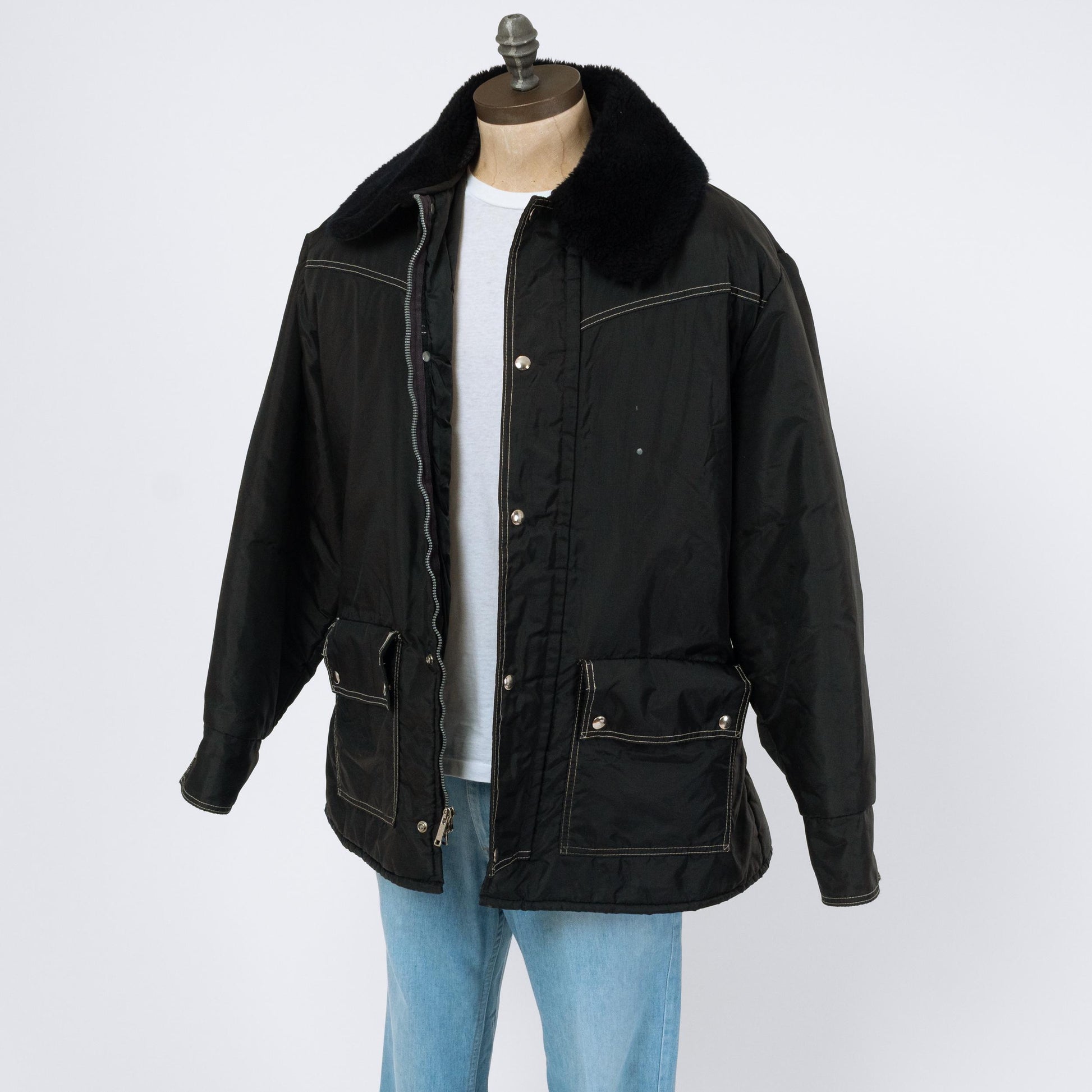 Vintage 70s Black Plush Collar Cold Weather Snow Jacket - Extra Large | Walls Blizzard-Pruf Zip Up Windbreaker Coat