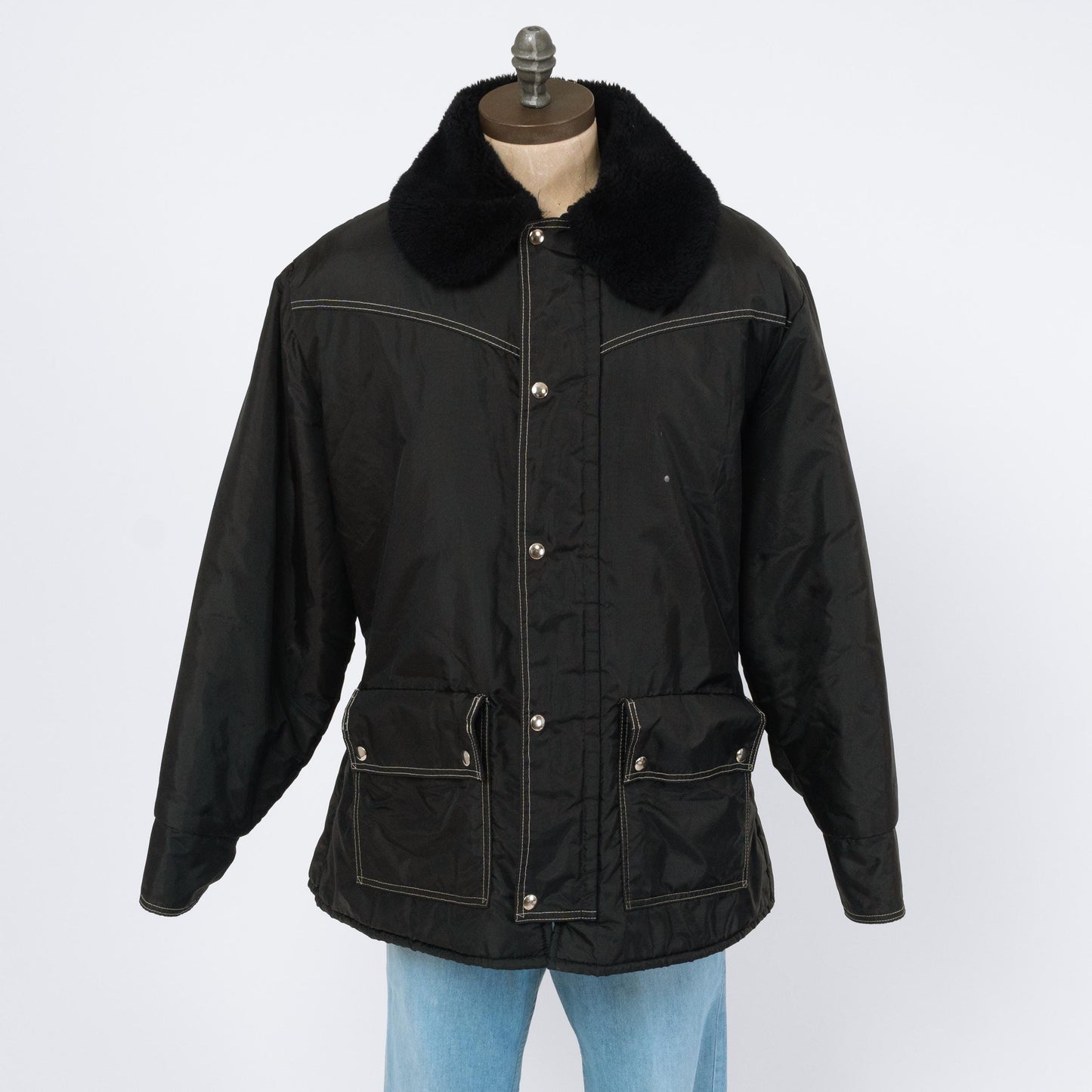 Vintage 70s Black Plush Collar Cold Weather Snow Jacket - Extra Large | Walls Blizzard-Pruf Zip Up Windbreaker Coat