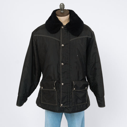 Vintage 70s Black Plush Collar Cold Weather Snow Jacket - Extra Large | Walls Blizzard-Pruf Zip Up Windbreaker Coat
