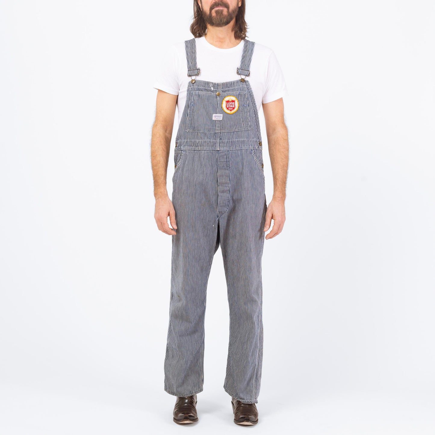 Vintage 1950s Hercules Railroad Striped Overalls - 38x29 | 50s Lone Star Beer Patch Workwear Jumpsuit