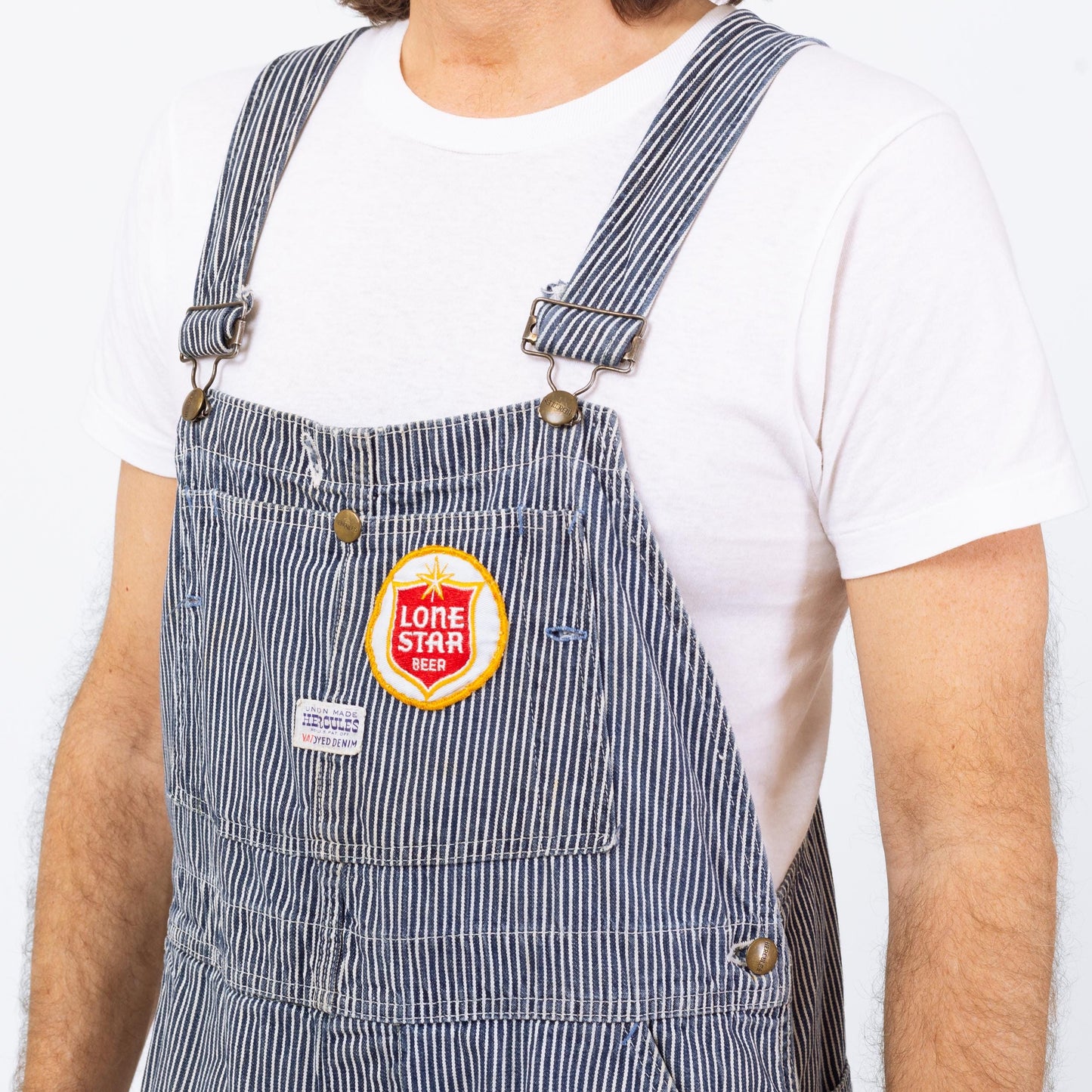 Vintage 1950s Hercules Railroad Striped Overalls - 38x29 | 50s Lone Star Beer Patch Workwear Jumpsuit