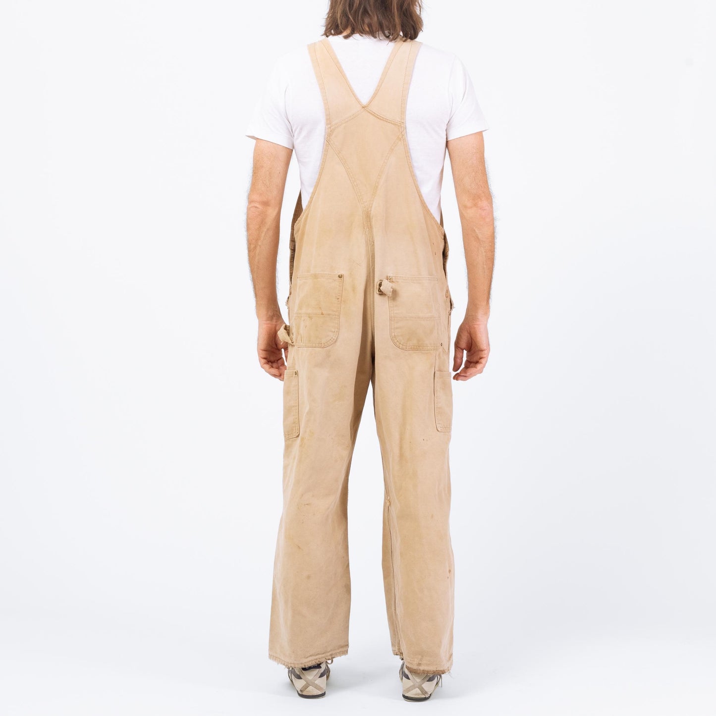Vintage 90s Carhartt Distressed Overalls - 40x30 | Union Made In USA Faded Tan Workwear Jumpsuit
