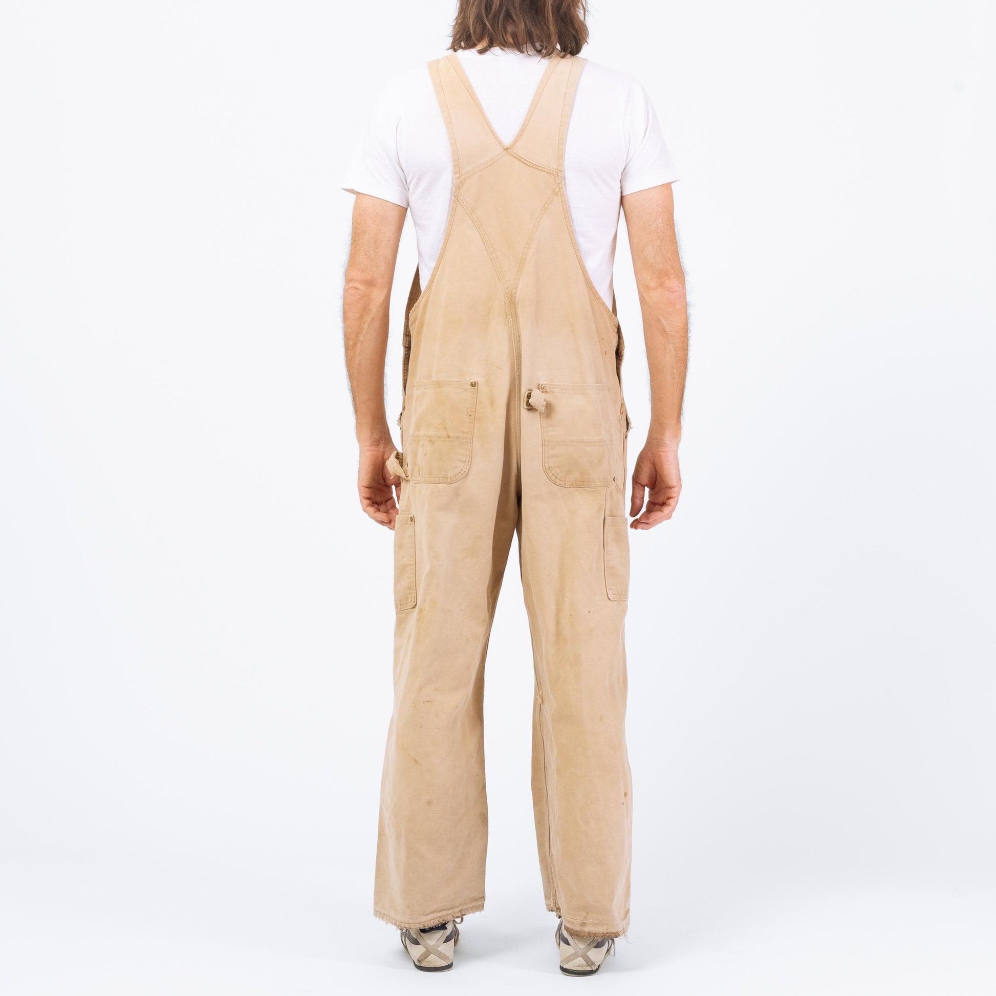 Vintage 90s Carhartt Distressed Overalls - 40x30 | Union Made In USA Faded Tan Workwear Jumpsuit