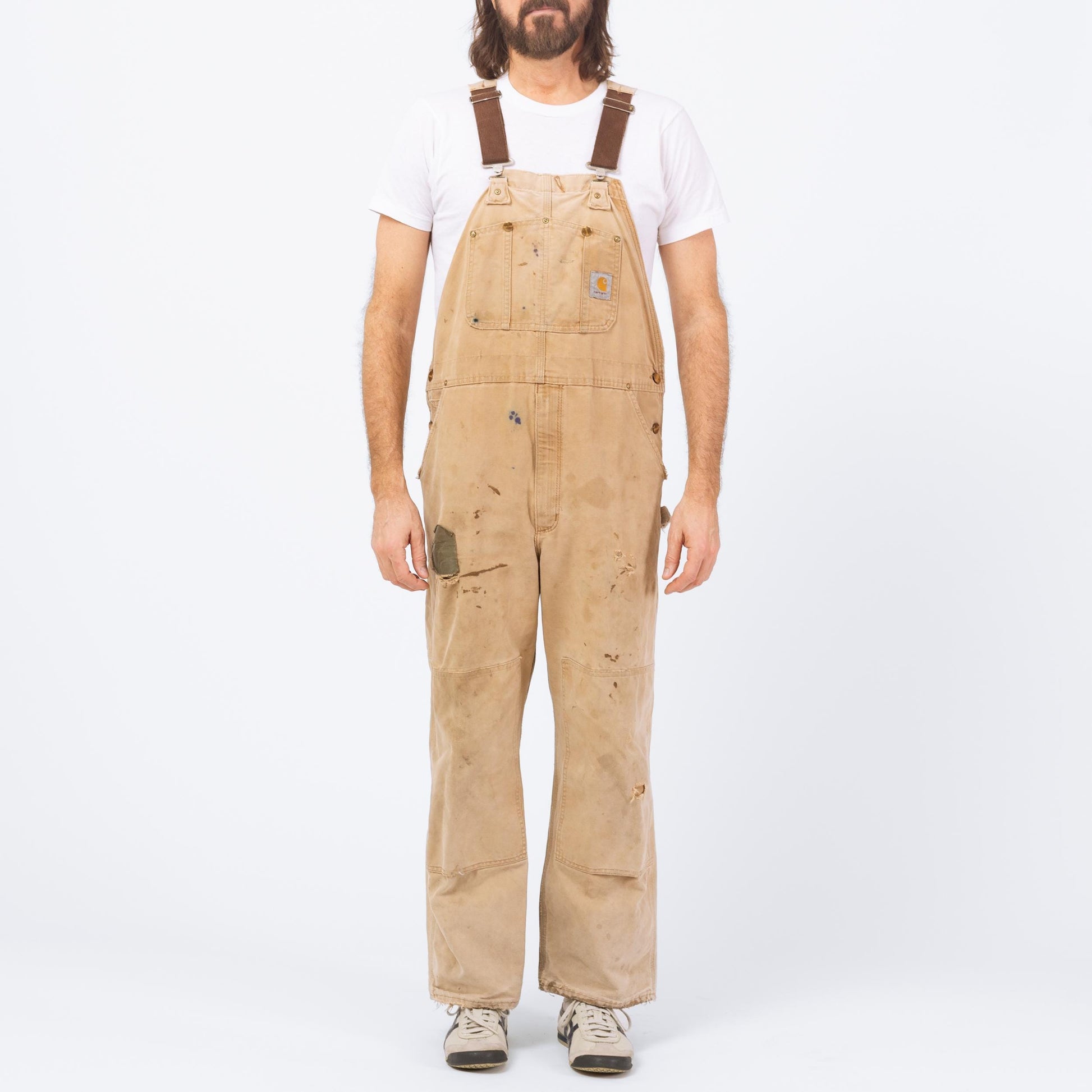 Vintage 90s Carhartt Distressed Overalls - 40x30 | Union Made In USA Faded Tan Workwear Jumpsuit