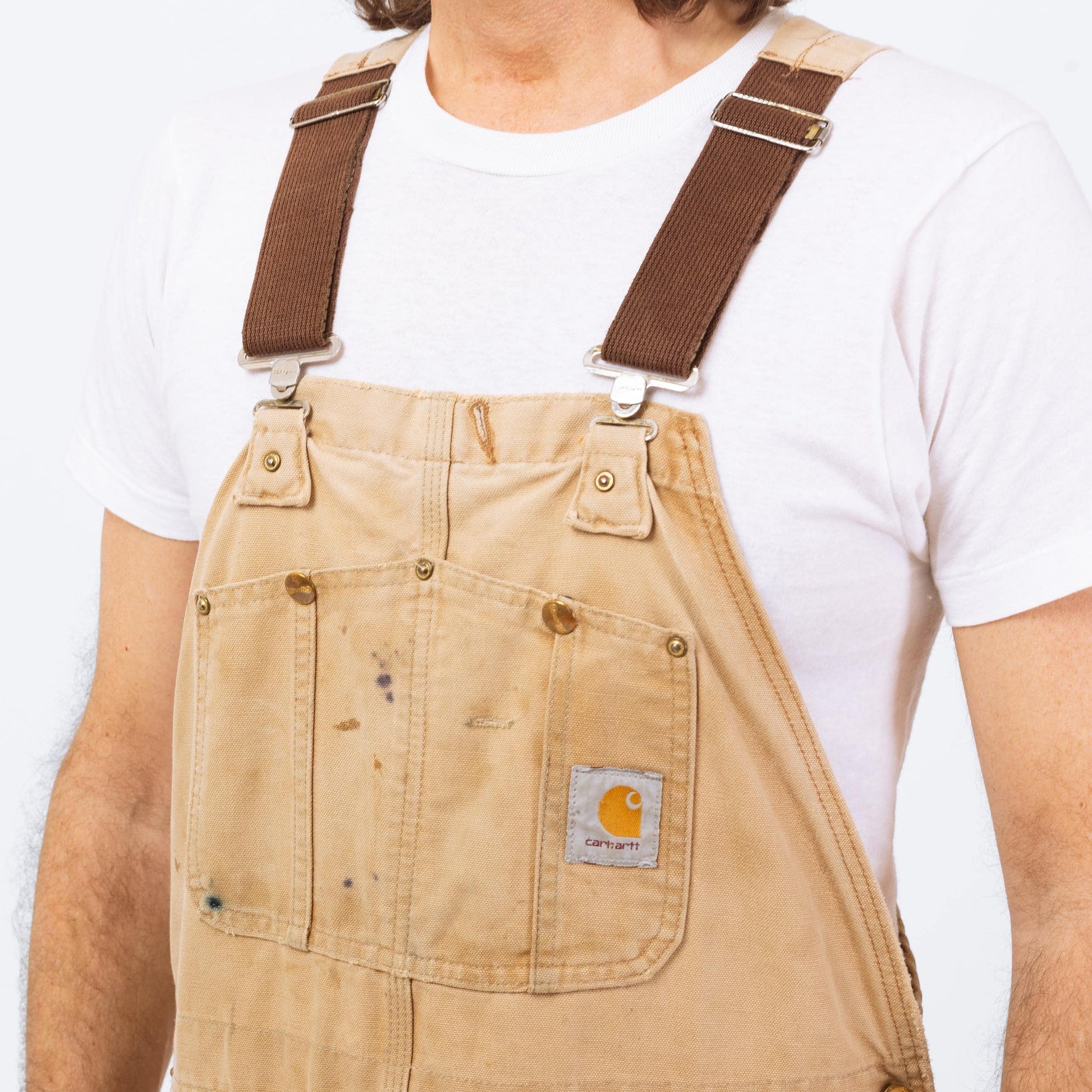 Vintage 90s Carhartt Distressed Overalls - 40x30 | Union Made In USA Faded Tan Workwear Jumpsuit