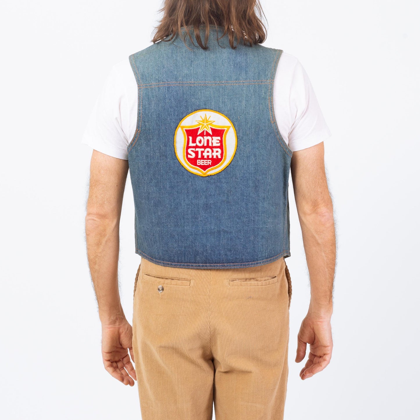 Vintage 70s Lone Star Beer Patch Faded Denim Vest - Large | Country Western Wear Cropped Indigo Jean Vest