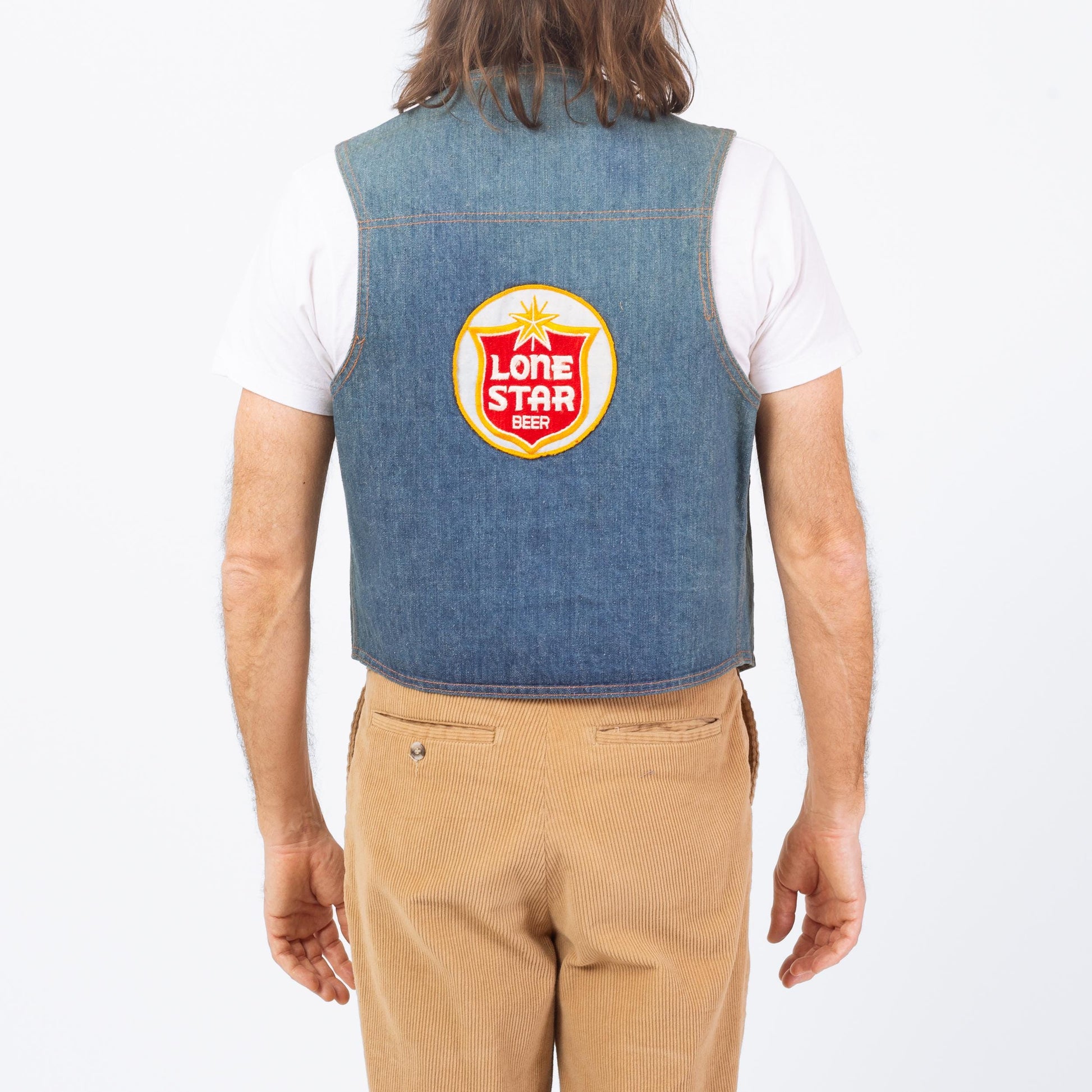 Vintage 70s Lone Star Beer Patch Faded Denim Vest - Large | Country Western Wear Cropped Indigo Jean Vest