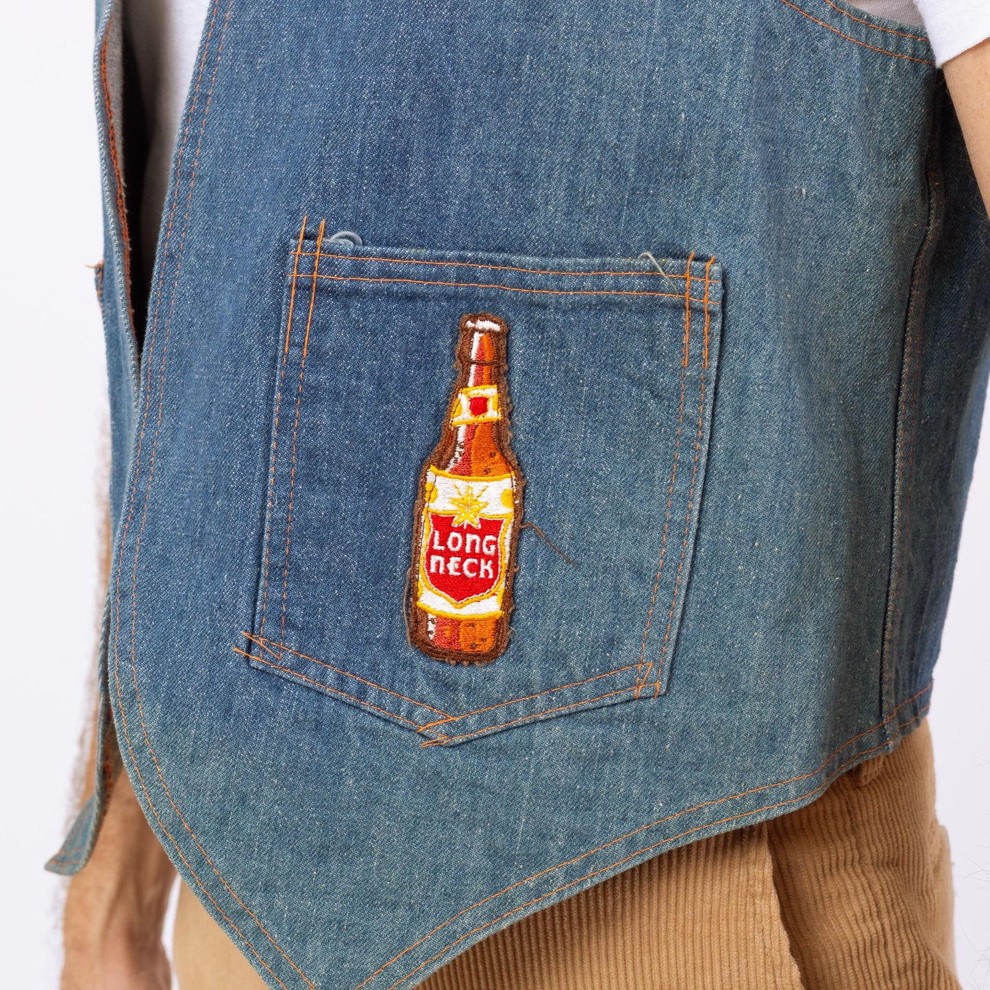 Vintage 70s Lone Star Beer Patch Faded Denim Vest - Large | Country Western Wear Cropped Indigo Jean Vest