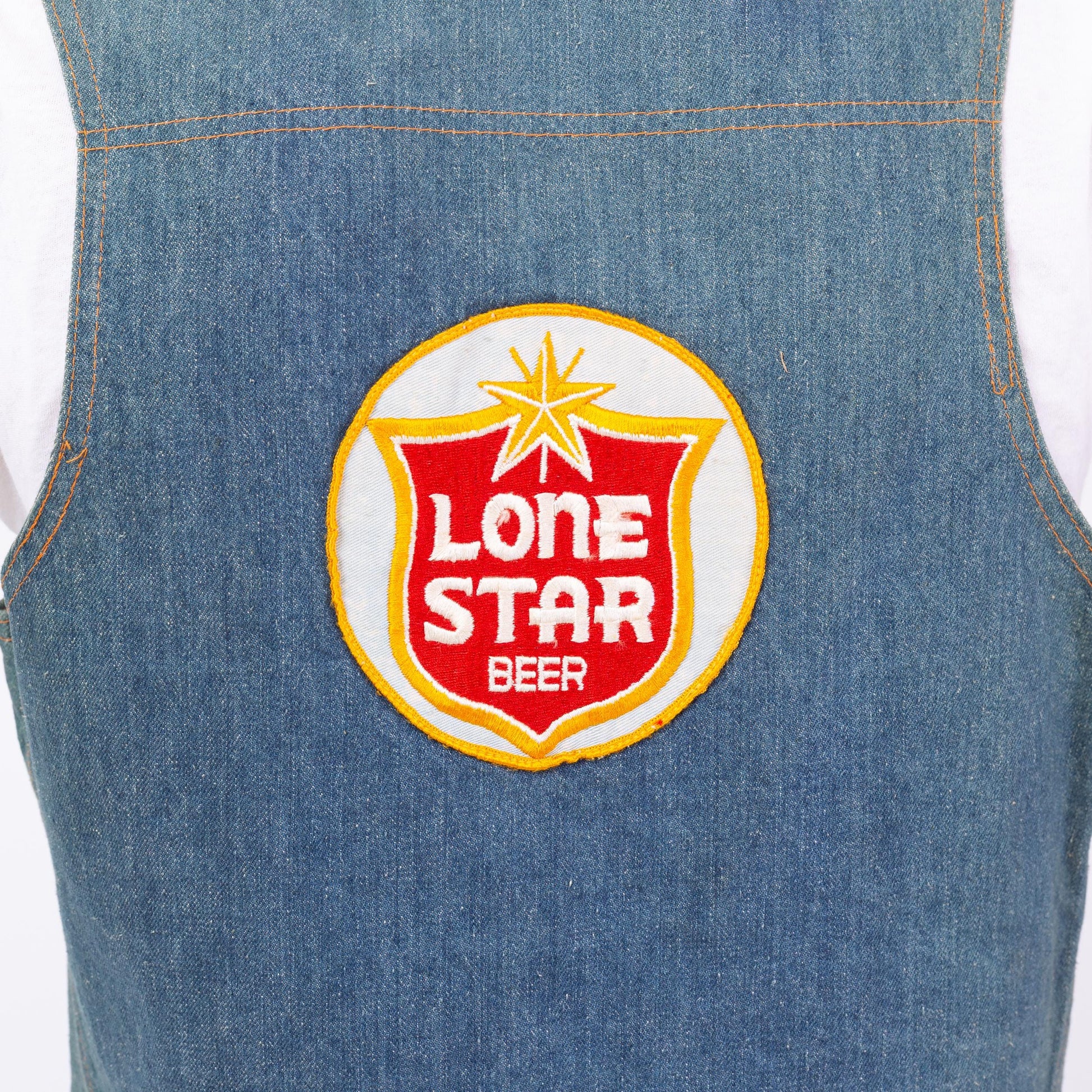 Vintage 70s Lone Star Beer Patch Faded Denim Vest - Large | Country Western Wear Cropped Indigo Jean Vest