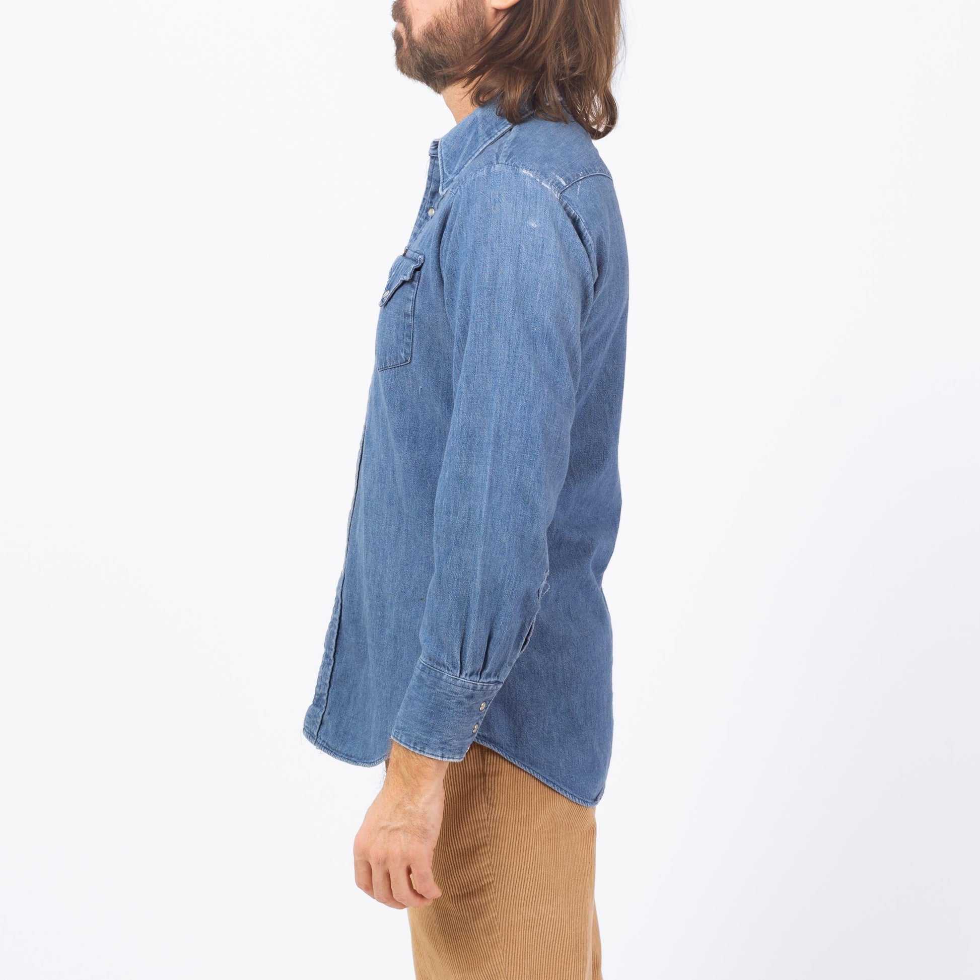 Vintage 70s Lee Chambray Denim Pearl Snap Western Shirt - Medium | Cowboy Blue Jean Workwear Top