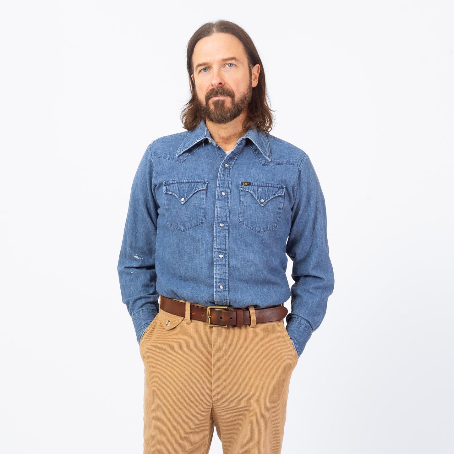 Vintage 70s Lee Chambray Denim Pearl Snap Western Shirt - Medium | Cowboy Blue Jean Workwear Top