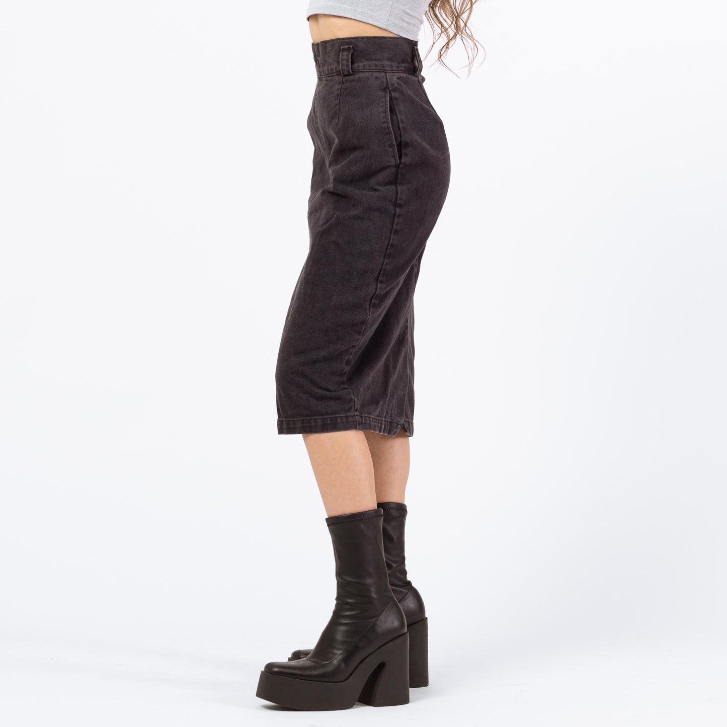 Vintage 80s Calvin Klein Black Denim Midi Skirt - Extra Small, 24" | High Waisted Fitted Jean Pencil Skirt