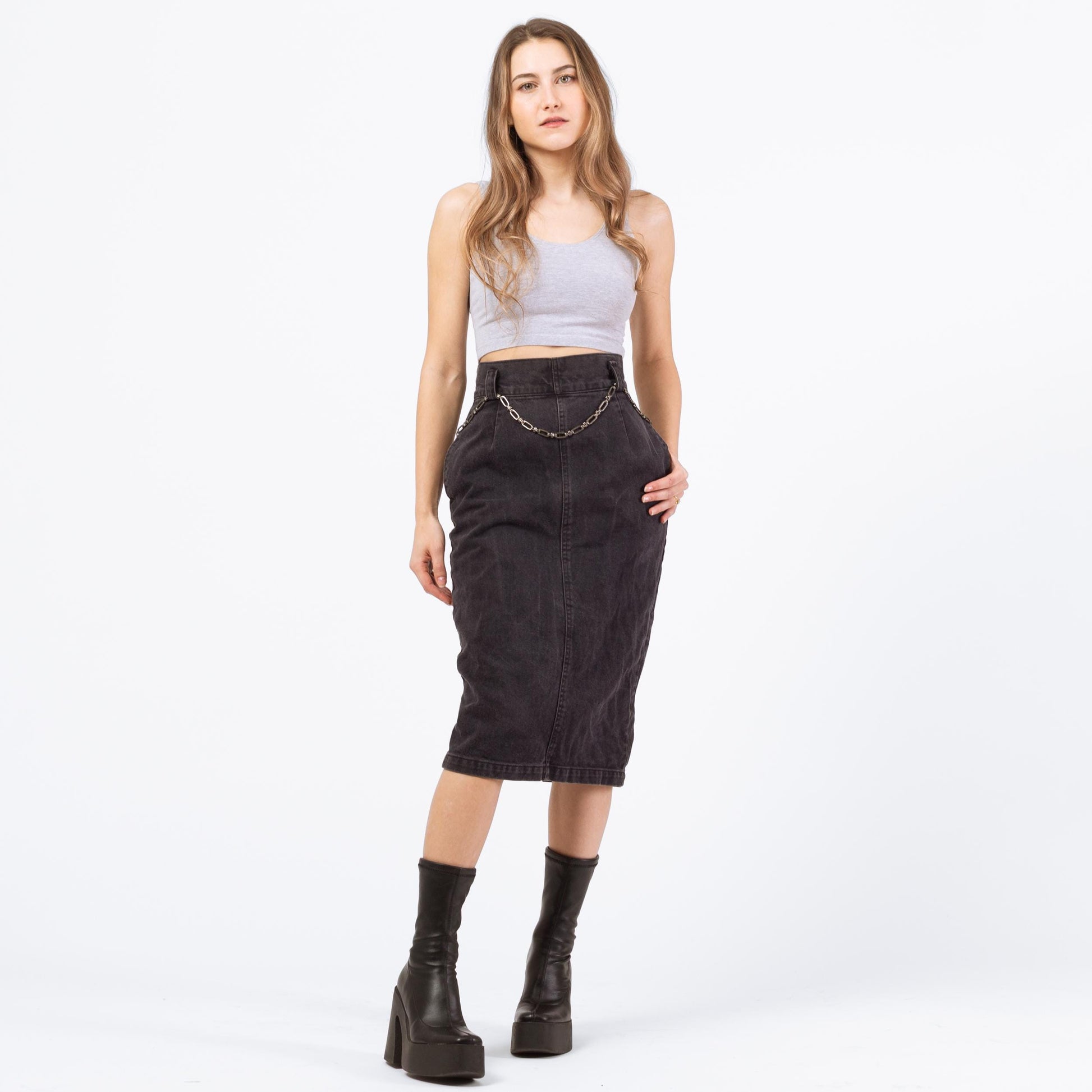 Vintage 80s Calvin Klein Black Denim Midi Skirt - Extra Small, 24" | High Waisted Fitted Jean Pencil Skirt