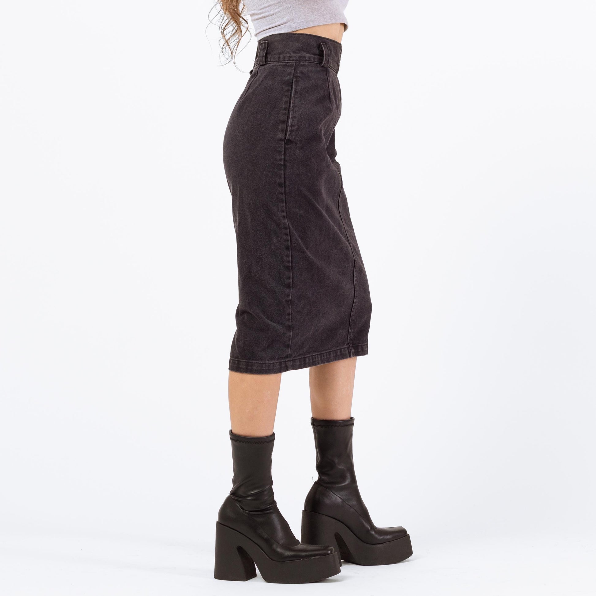 Vintage 80s Calvin Klein Black Denim Midi Skirt - Extra Small, 24" | High Waisted Fitted Jean Pencil Skirt