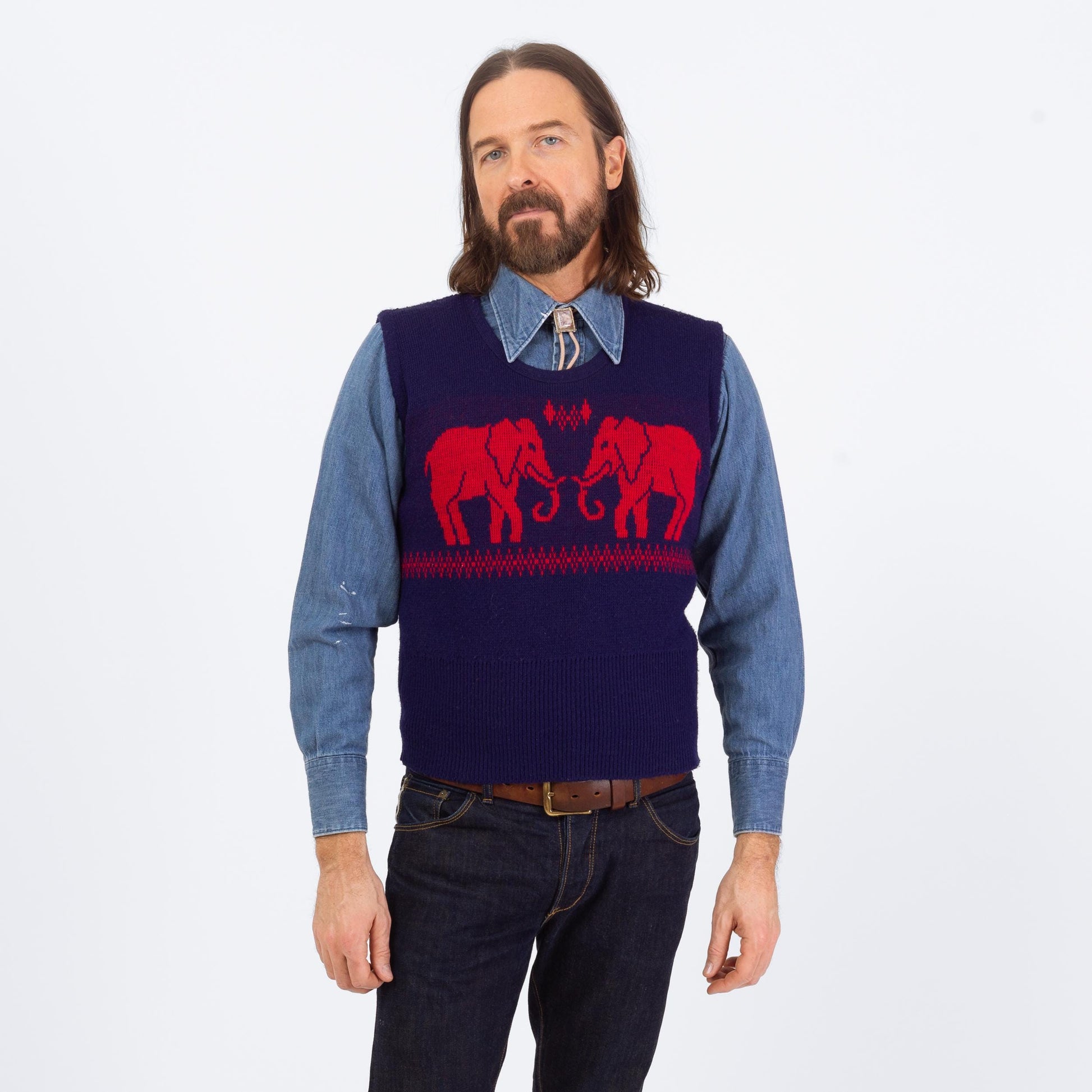 Vintage 70s Novelty Elephant Sweater Vest - Small | Blue & Red Retro Knit Sleeveless Top