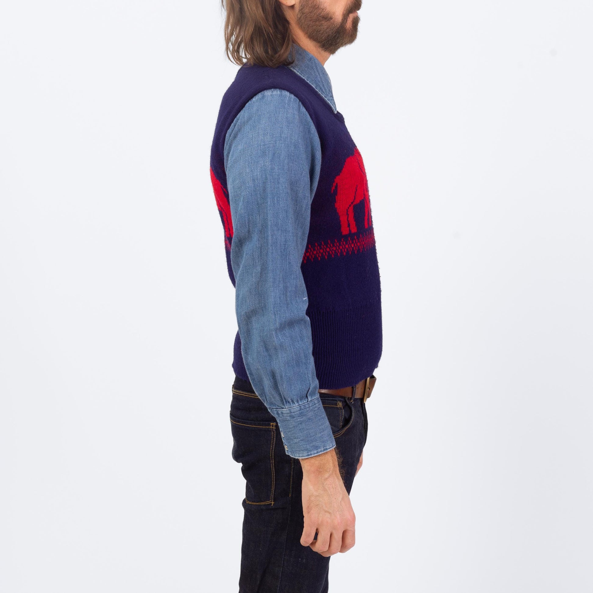 Vintage 70s Novelty Elephant Sweater Vest - Small | Blue & Red Retro Knit Sleeveless Top