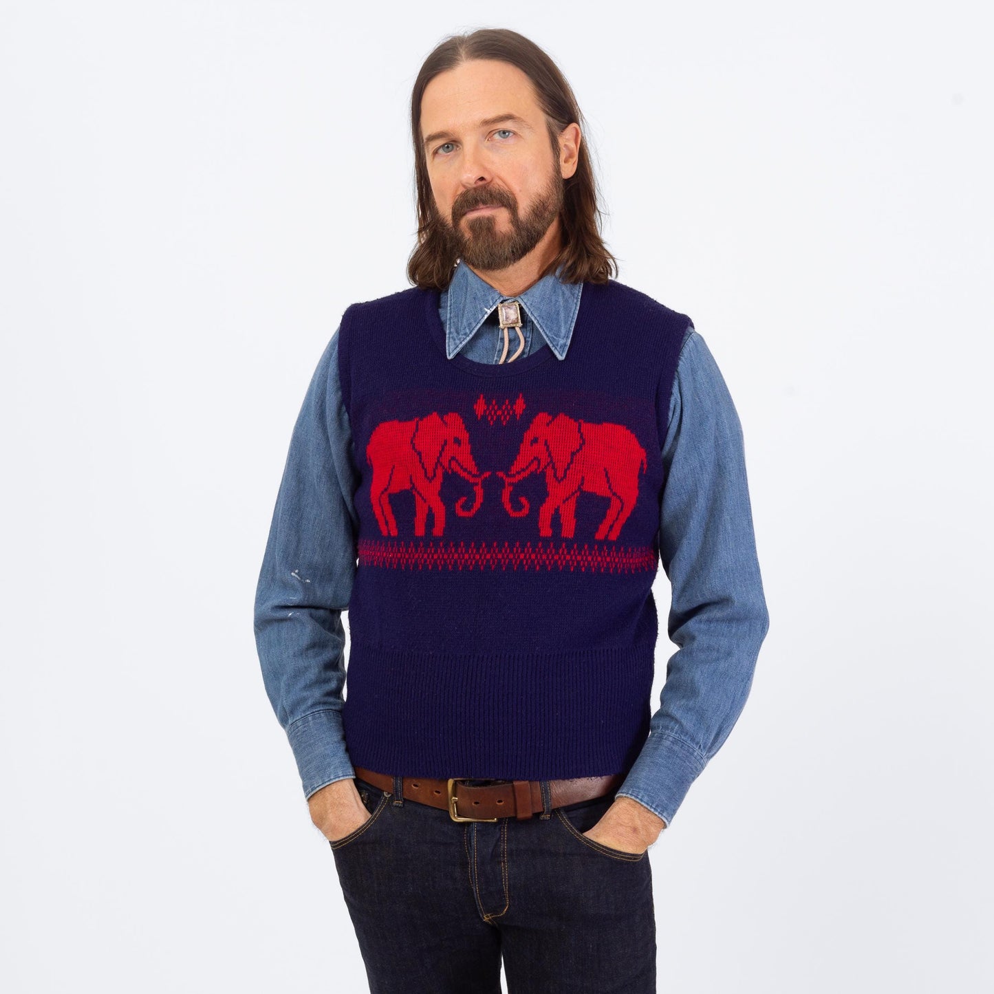 Vintage 70s Novelty Elephant Sweater Vest - Small | Blue & Red Retro Knit Sleeveless Top
