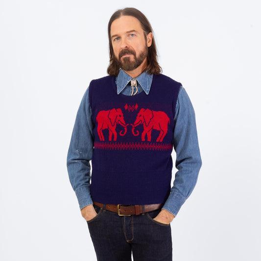 Vintage 70s Novelty Elephant Sweater Vest - Small | Blue & Red Retro Knit Sleeveless Top
