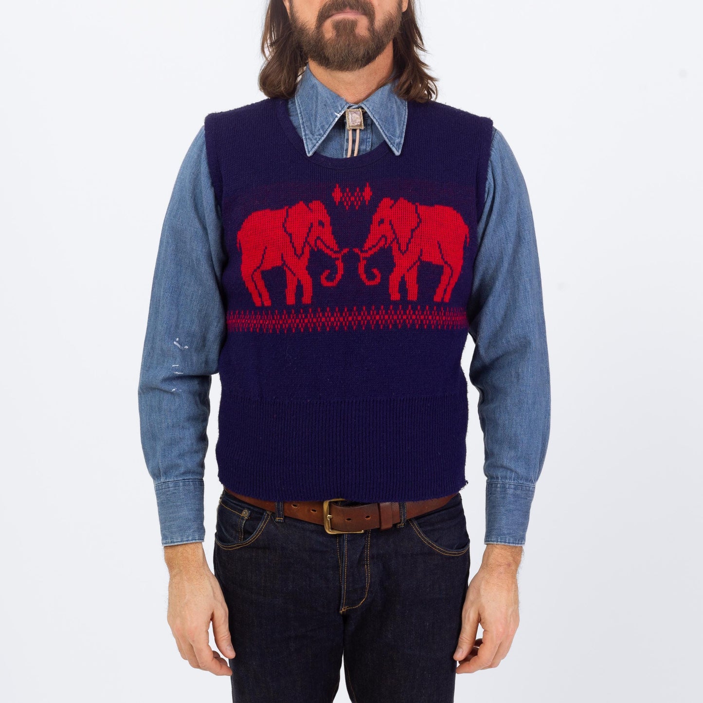 Vintage 70s Novelty Elephant Sweater Vest - Small | Blue & Red Retro Knit Sleeveless Top