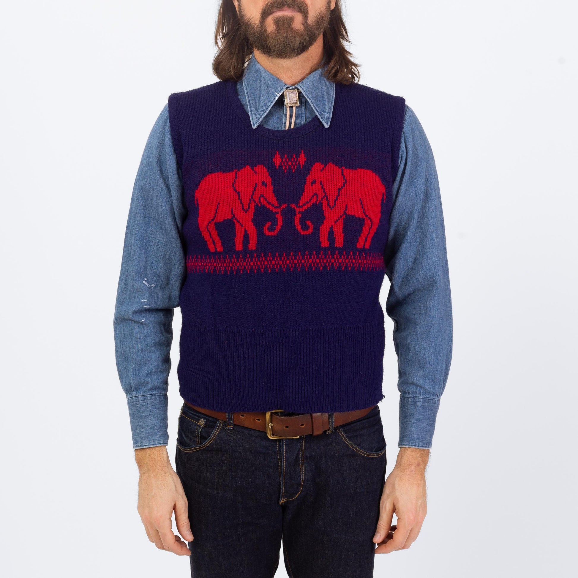Vintage 70s Novelty Elephant Sweater Vest - Small | Blue & Red Retro Knit Sleeveless Top