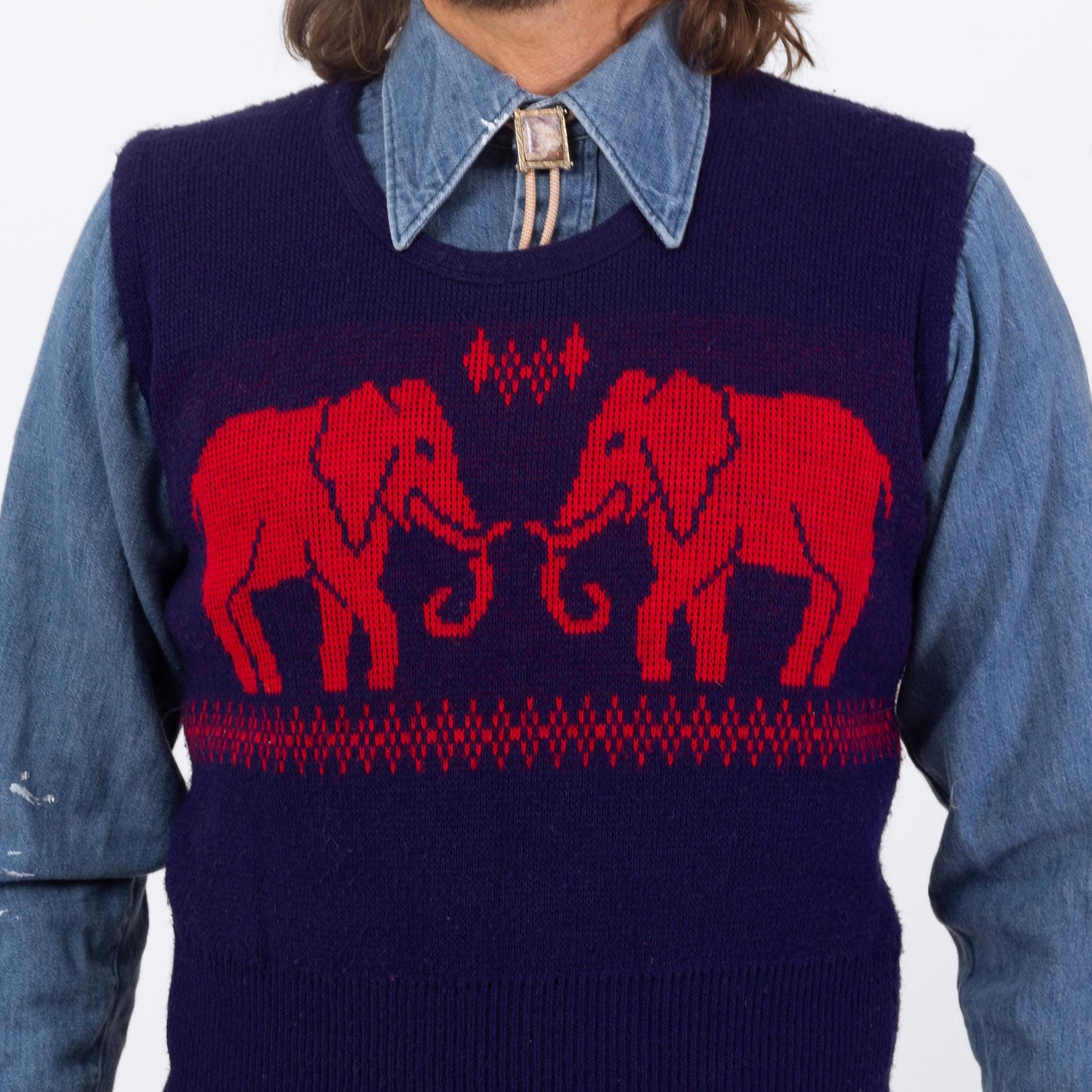 Vintage 70s Novelty Elephant Sweater Vest - Small | Blue & Red Retro Knit Sleeveless Top