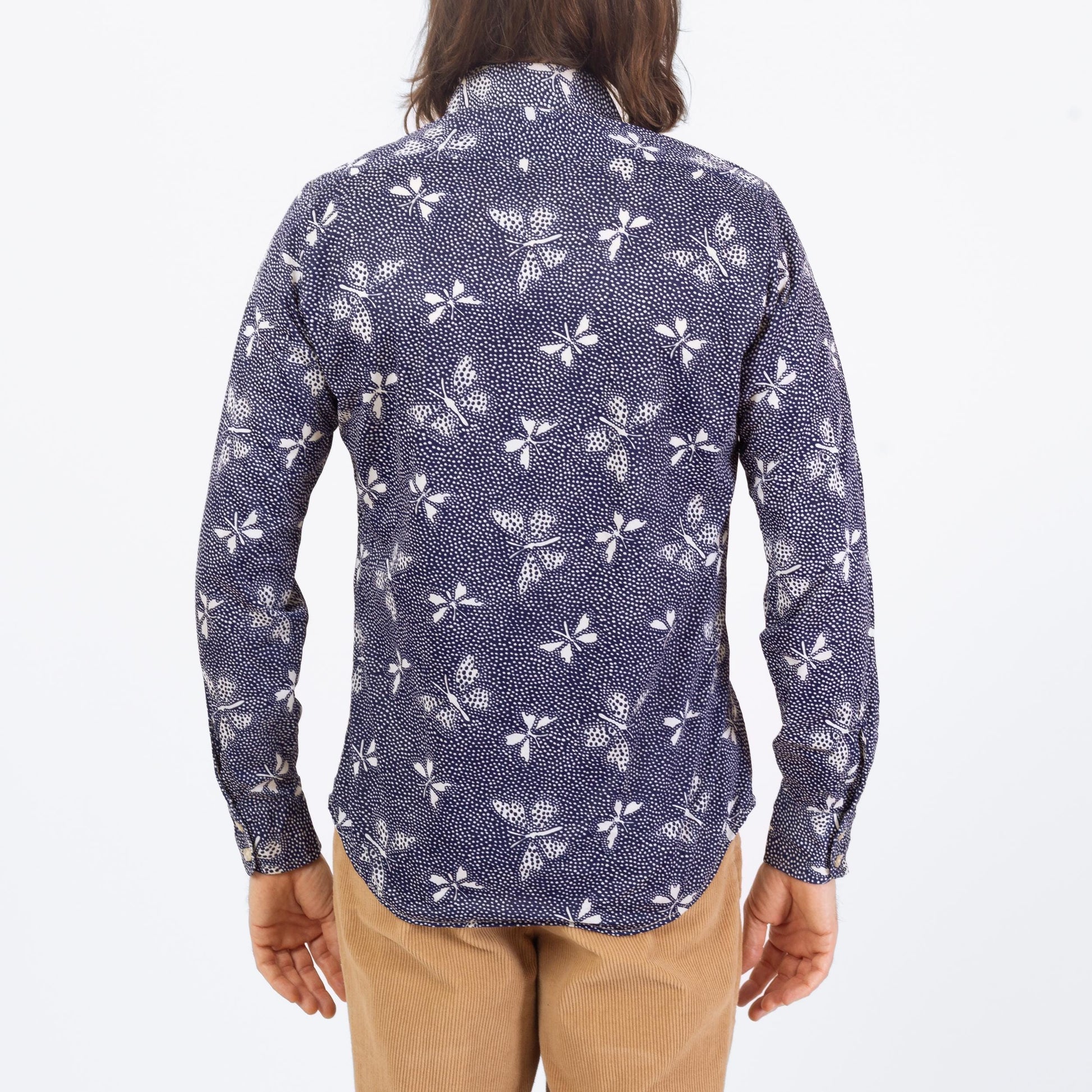 Vintage 70s Butterfly Print Shirt - Medium | Blue & White Long Sleeve Collared Button Up Shirt