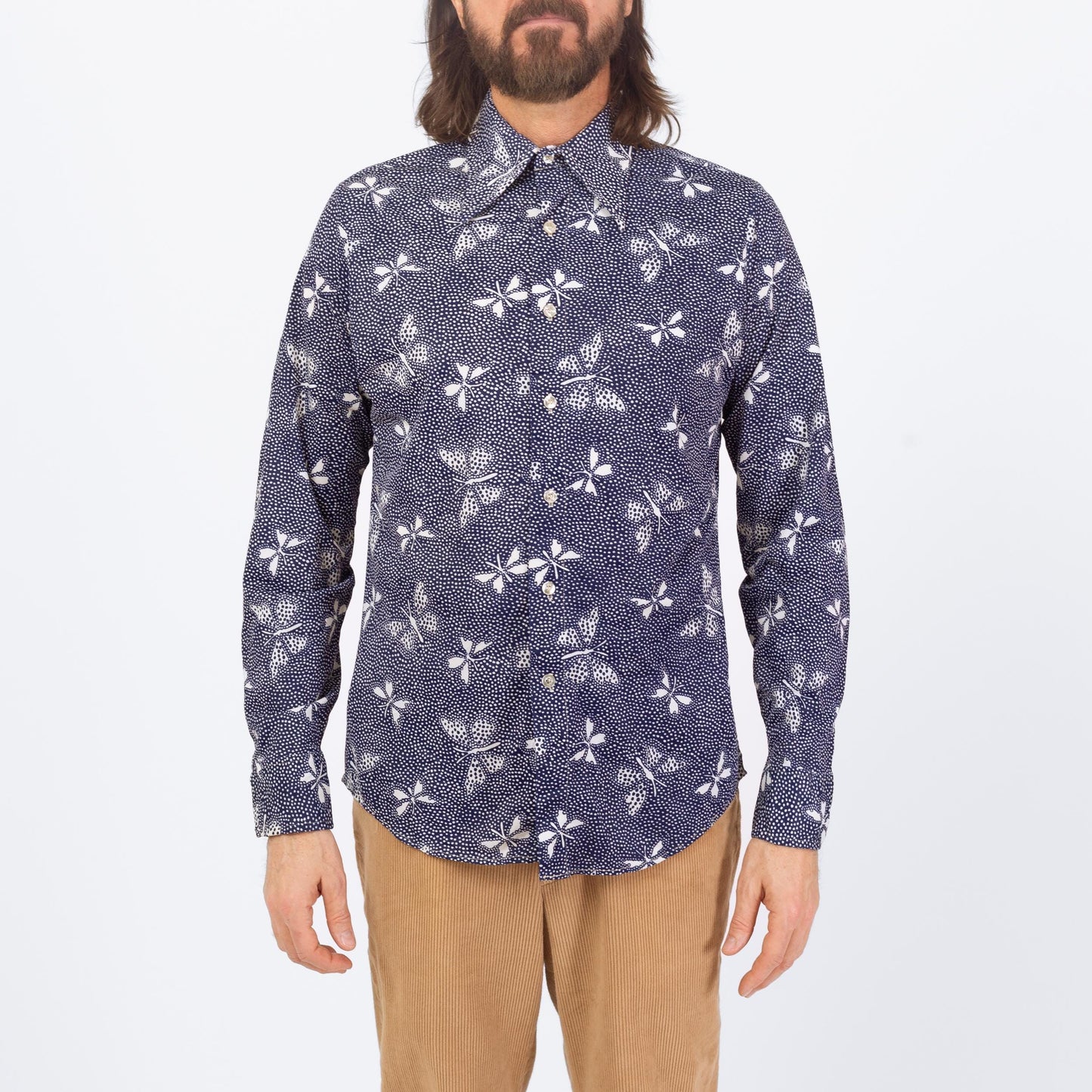 Vintage 70s Butterfly Print Shirt - Medium | Blue & White Long Sleeve Collared Button Up Shirt