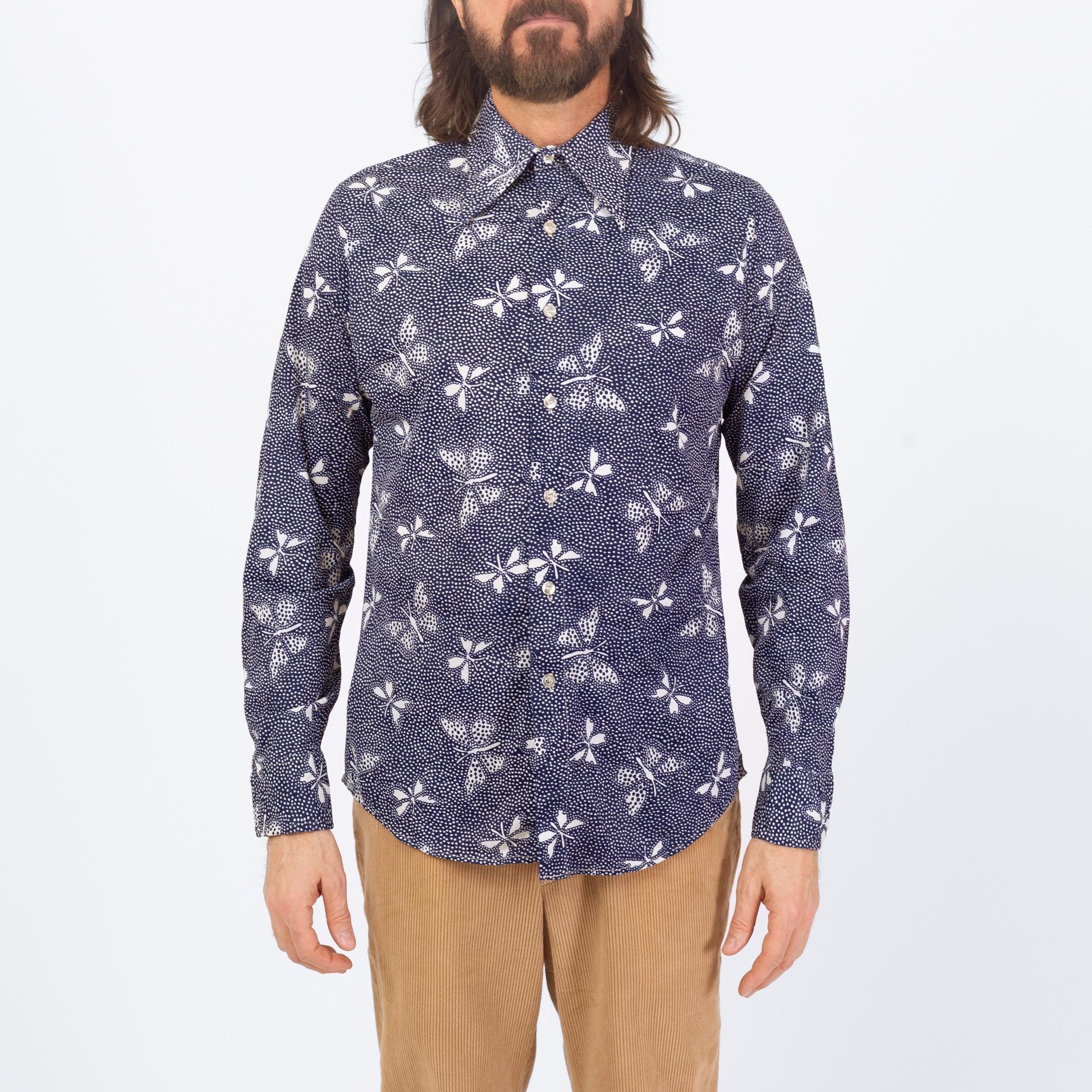Vintage 70s Butterfly Print Shirt - Medium | Blue & White Long Sleeve Collared Button Up Shirt