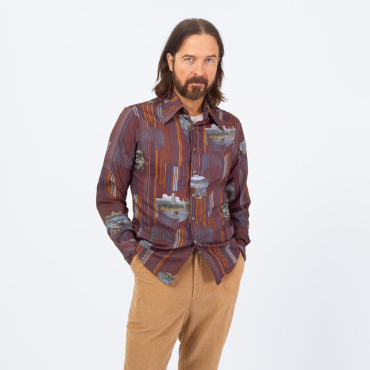 Vintage 70s Deco City Print Shirt - Medium | Novelty Long Sleeve Collared Button Up Shirt