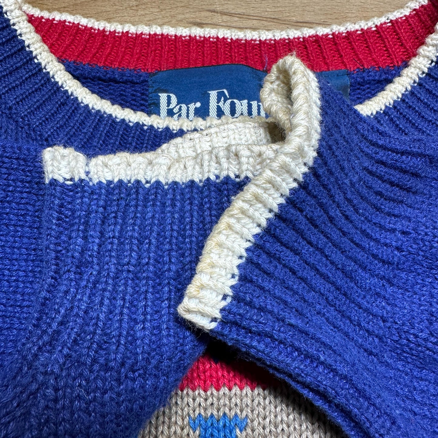 Vintage 90s Par Four Golf Stamp Sweater - Large | Blue Cotton Ramie Novelty Knit Pullover