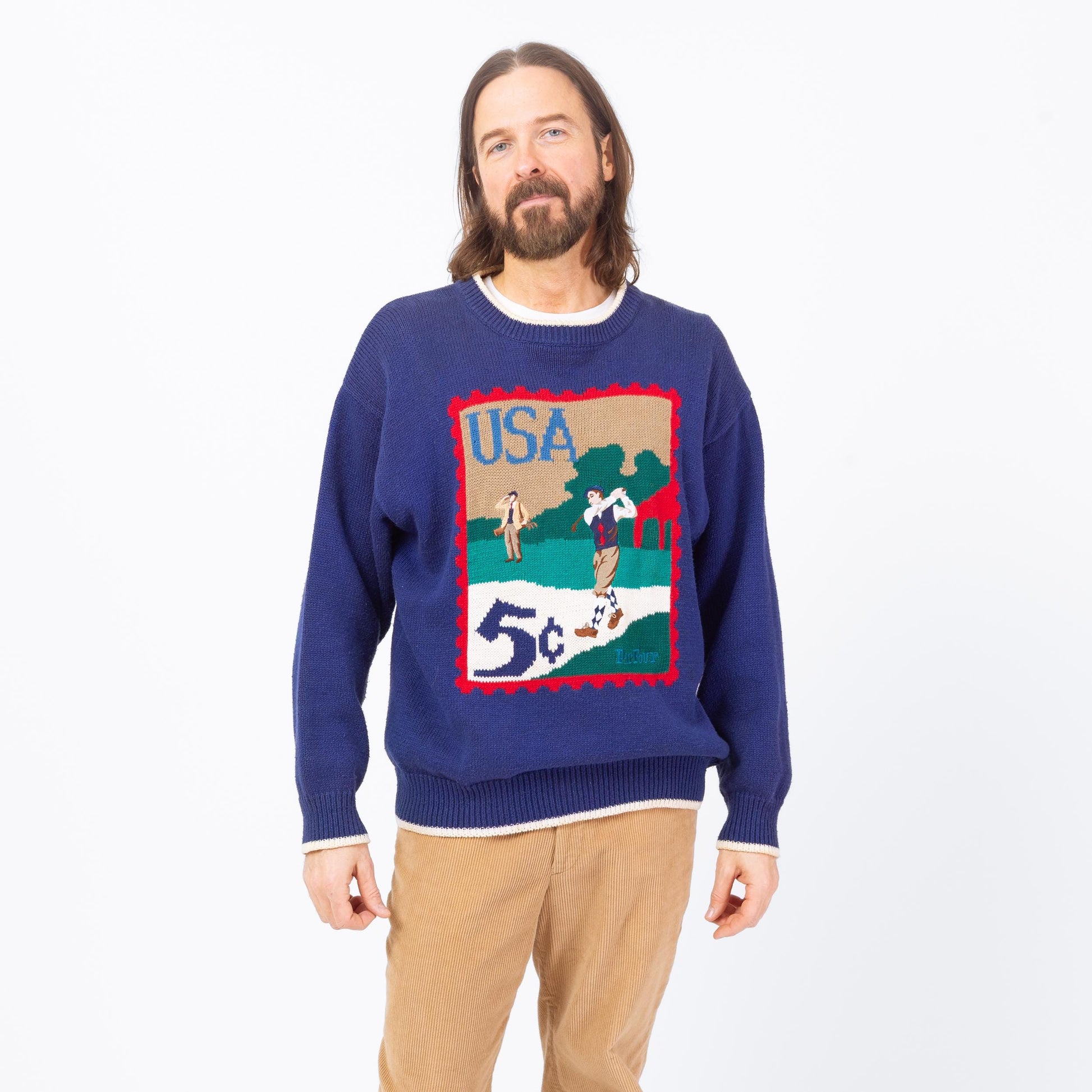 Vintage 90s Par Four Golf Stamp Sweater - Large | Blue Cotton Ramie Novelty Knit Pullover