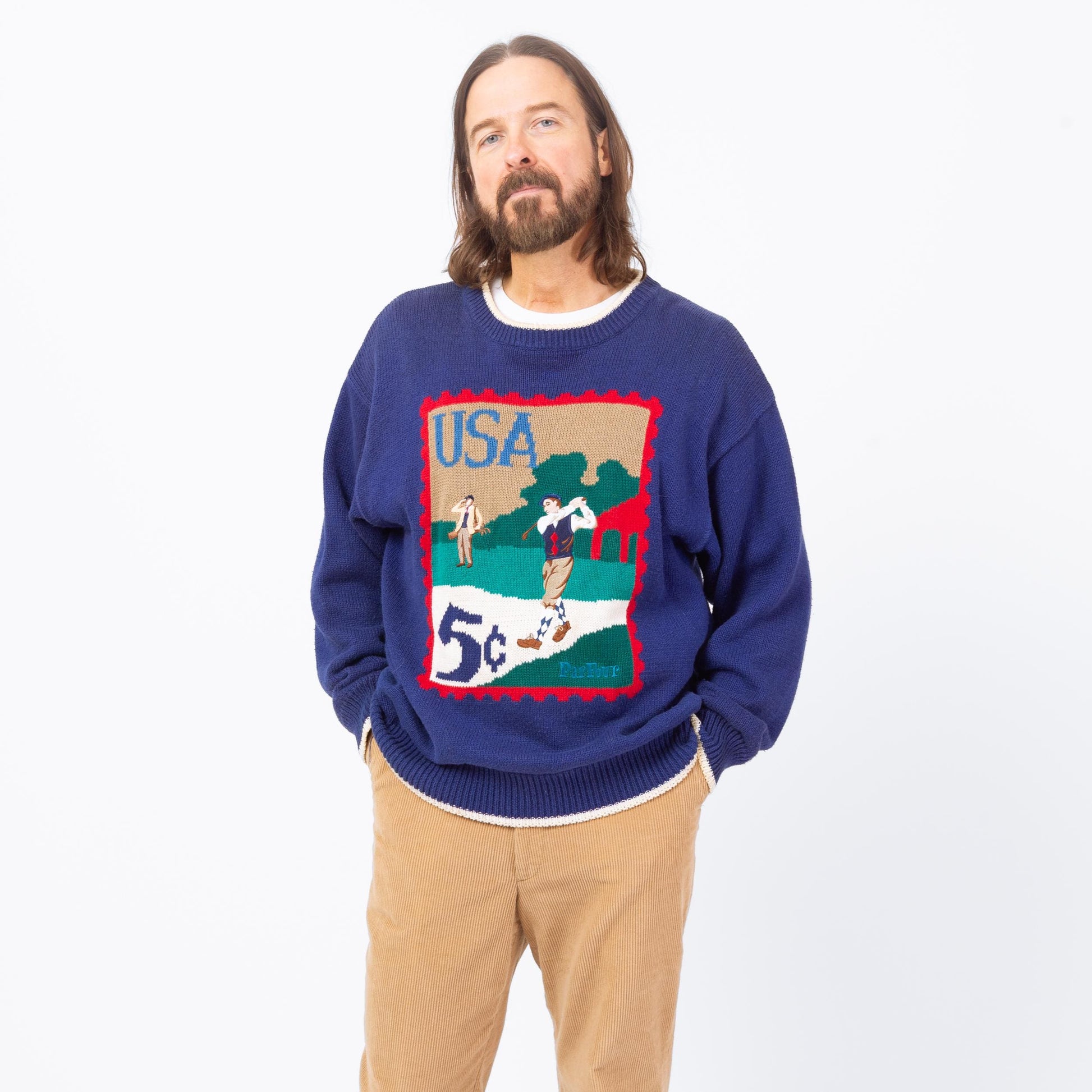 Vintage 90s Par Four Golf Stamp Sweater - Large | Blue Cotton Ramie Novelty Knit Pullover