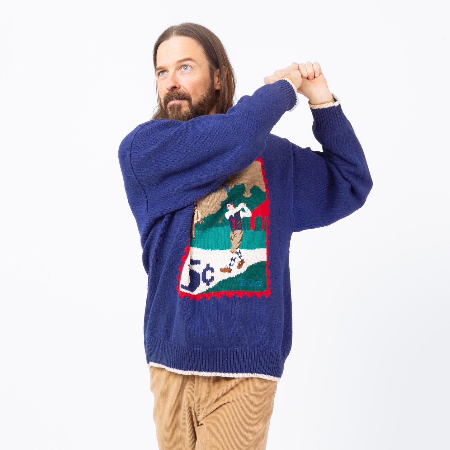 Vintage 90s Par Four Golf Stamp Sweater - Large | Blue Cotton Ramie Novelty Knit Pullover