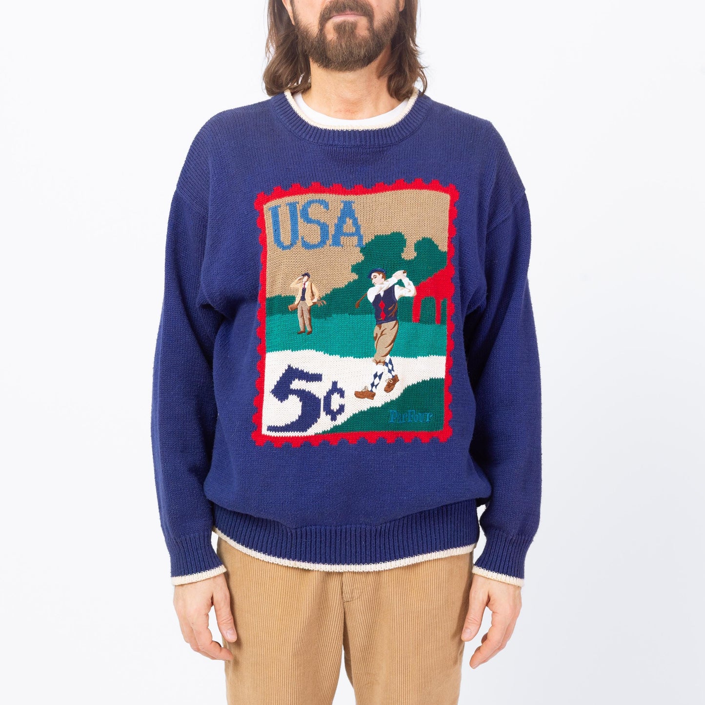 Vintage 90s Par Four Golf Stamp Sweater - Large | Blue Cotton Ramie Novelty Knit Pullover