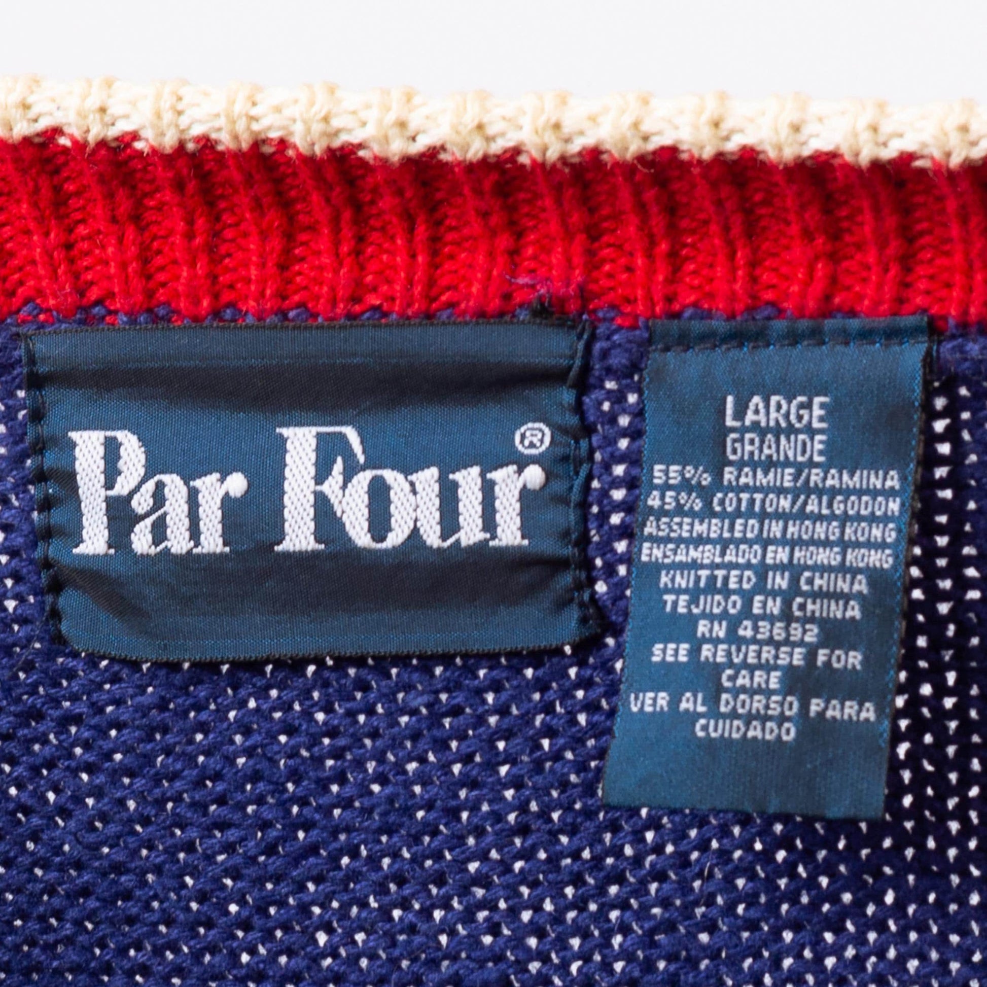 Vintage 90s Par Four Golf Stamp Sweater - Large | Blue Cotton Ramie Novelty Knit Pullover
