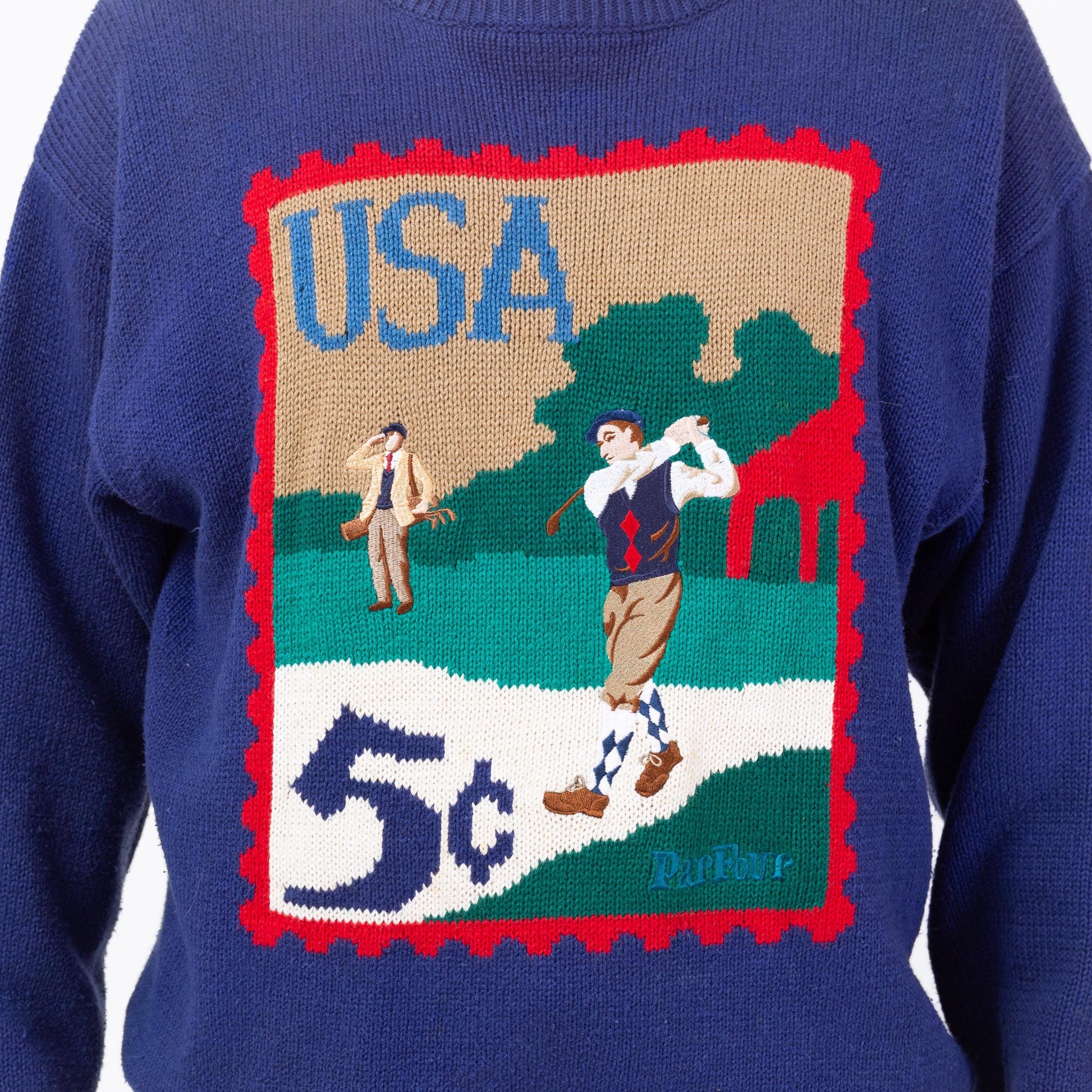 Vintage 90s Par Four Golf Stamp Sweater - Large | Blue Cotton Ramie Novelty Knit Pullover