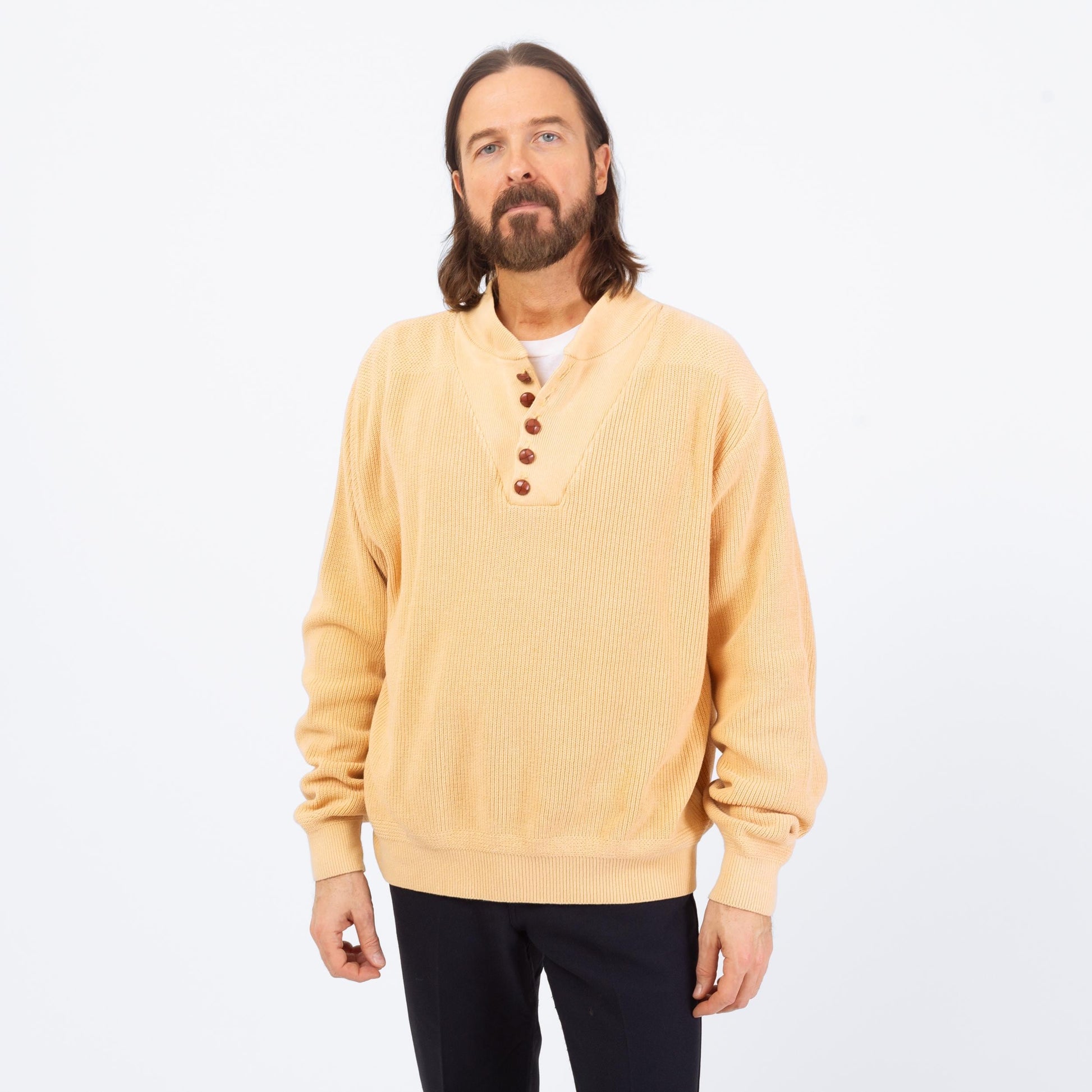 Vintage 80s Lands' End Cream Knit Henley Sweater - Extra Large | Button Up Long Sleeve Cotton Pullover